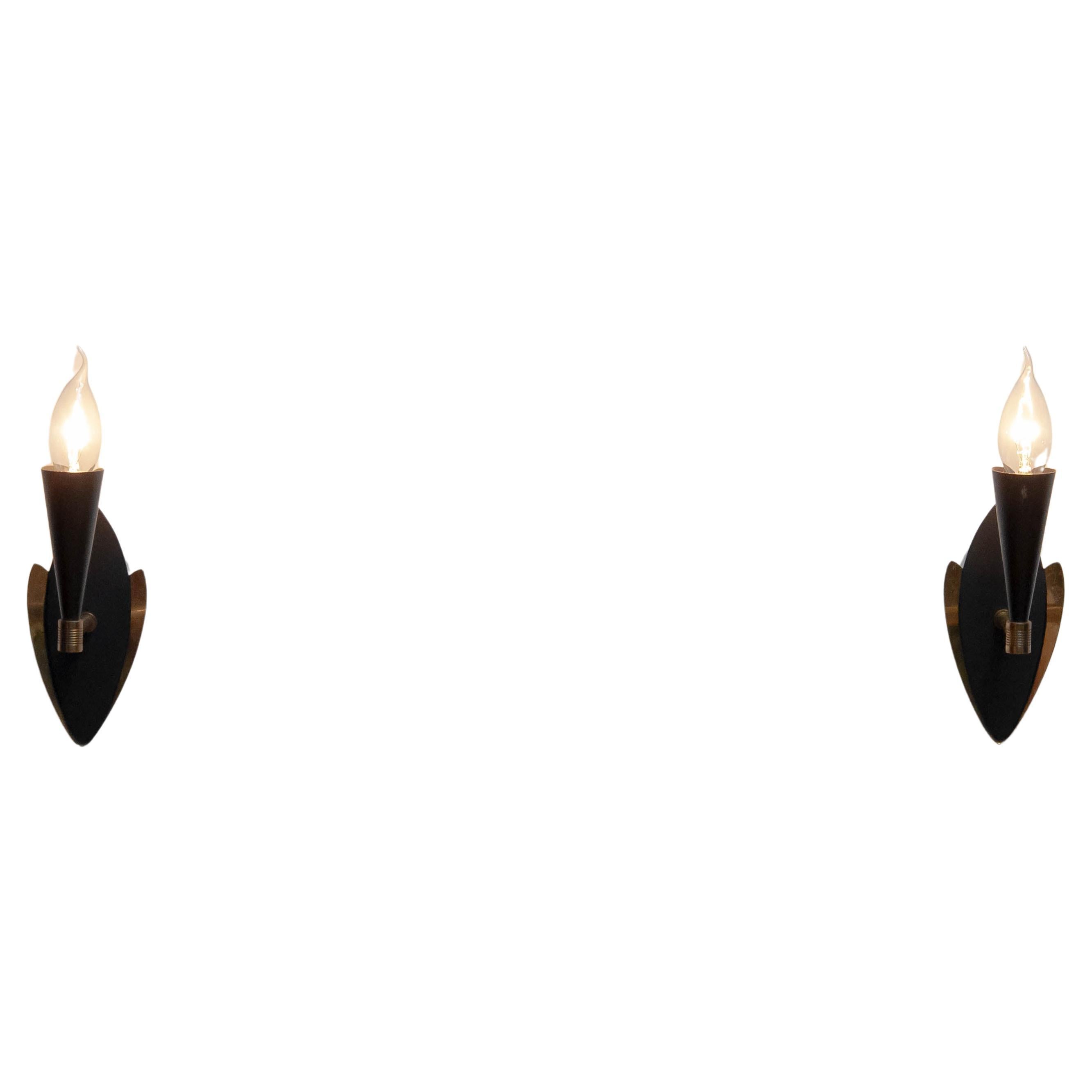 Mid-Century Modern 1950s Pair Swedish Black And Brass Designer Wall Light Sconces. For Sale