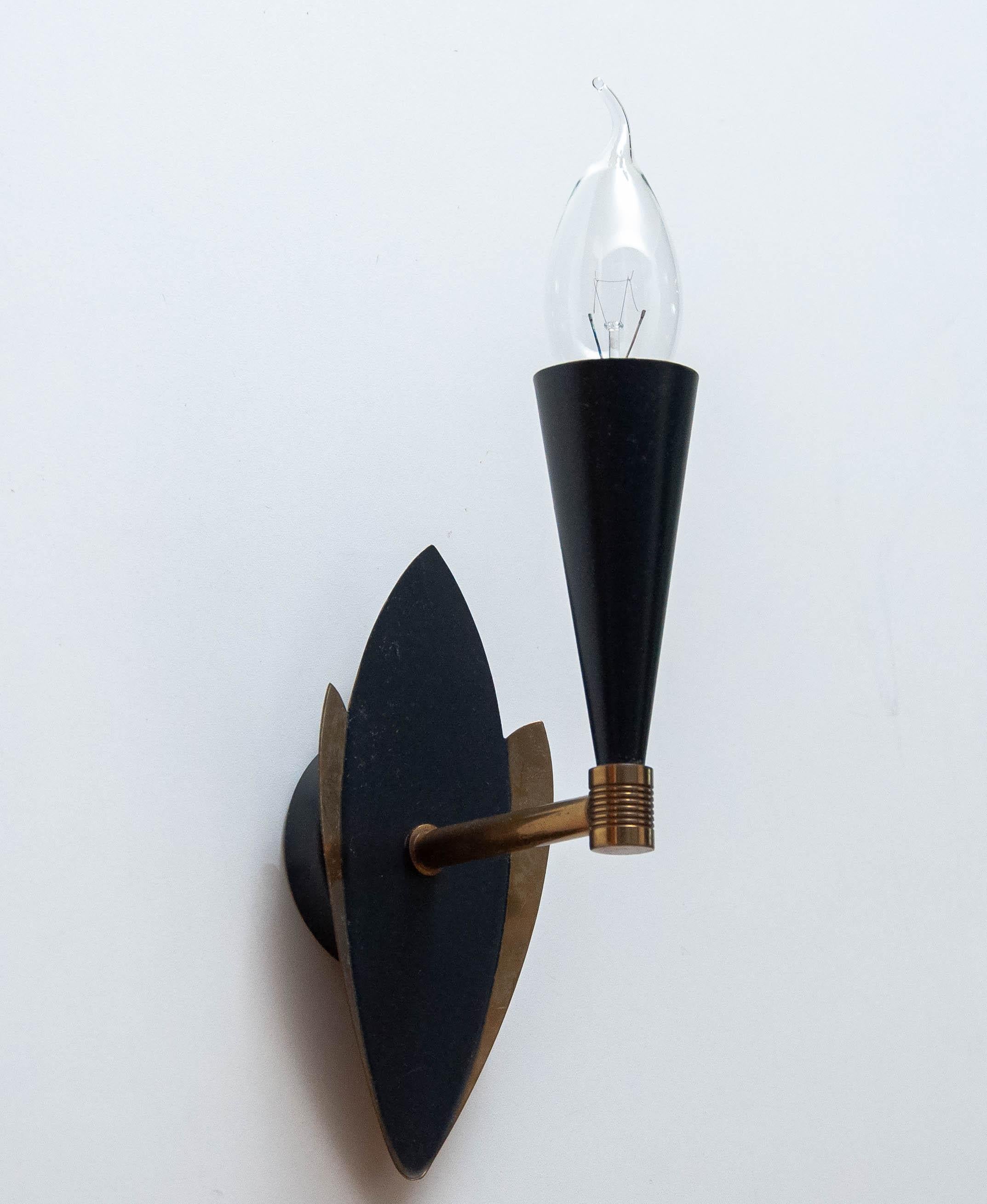 Mid-20th Century 1950s Pair Swedish Black And Brass Designer Wall Light Sconces. For Sale