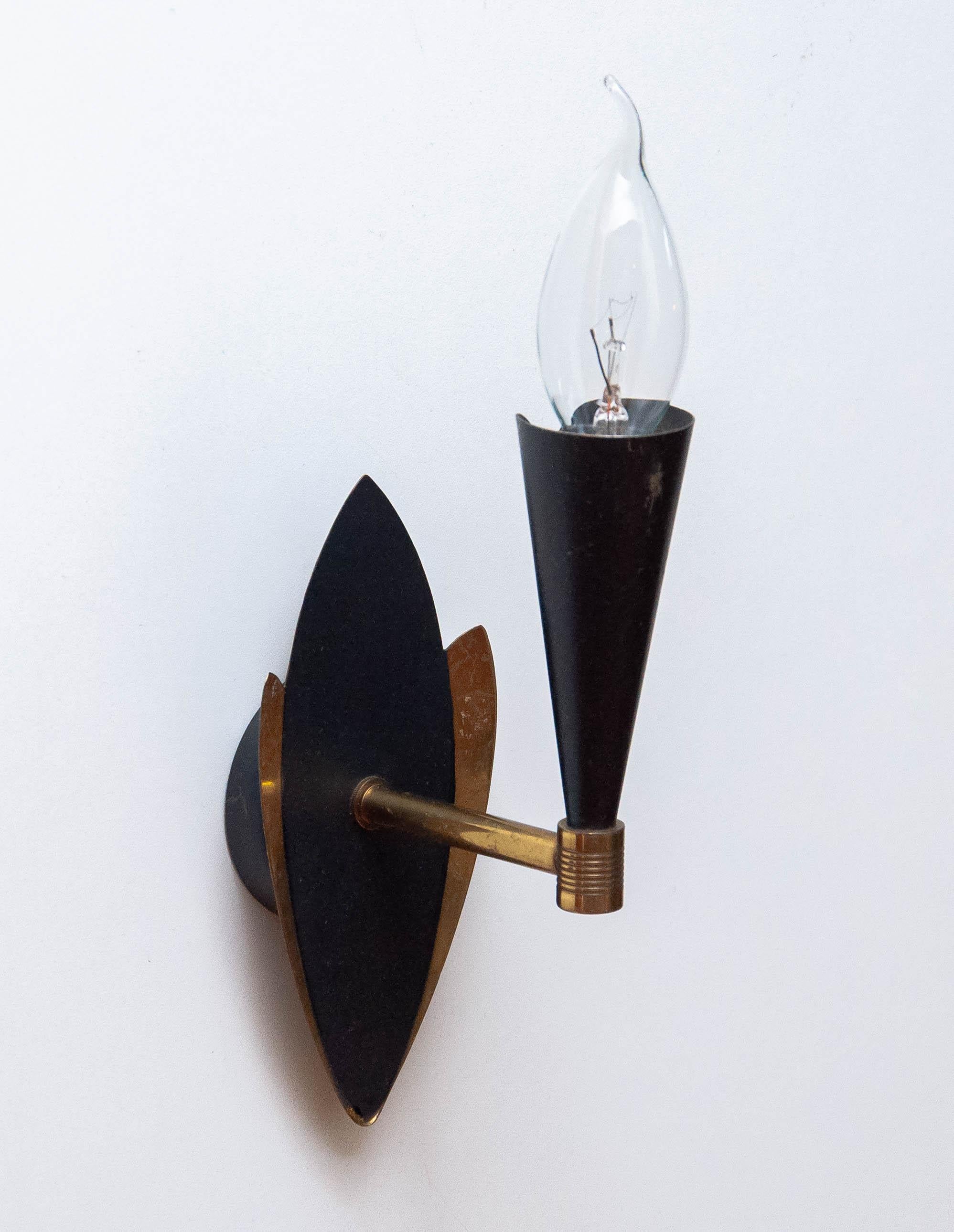 Metal 1950s Pair Swedish Black And Brass Designer Wall Light Sconces. For Sale