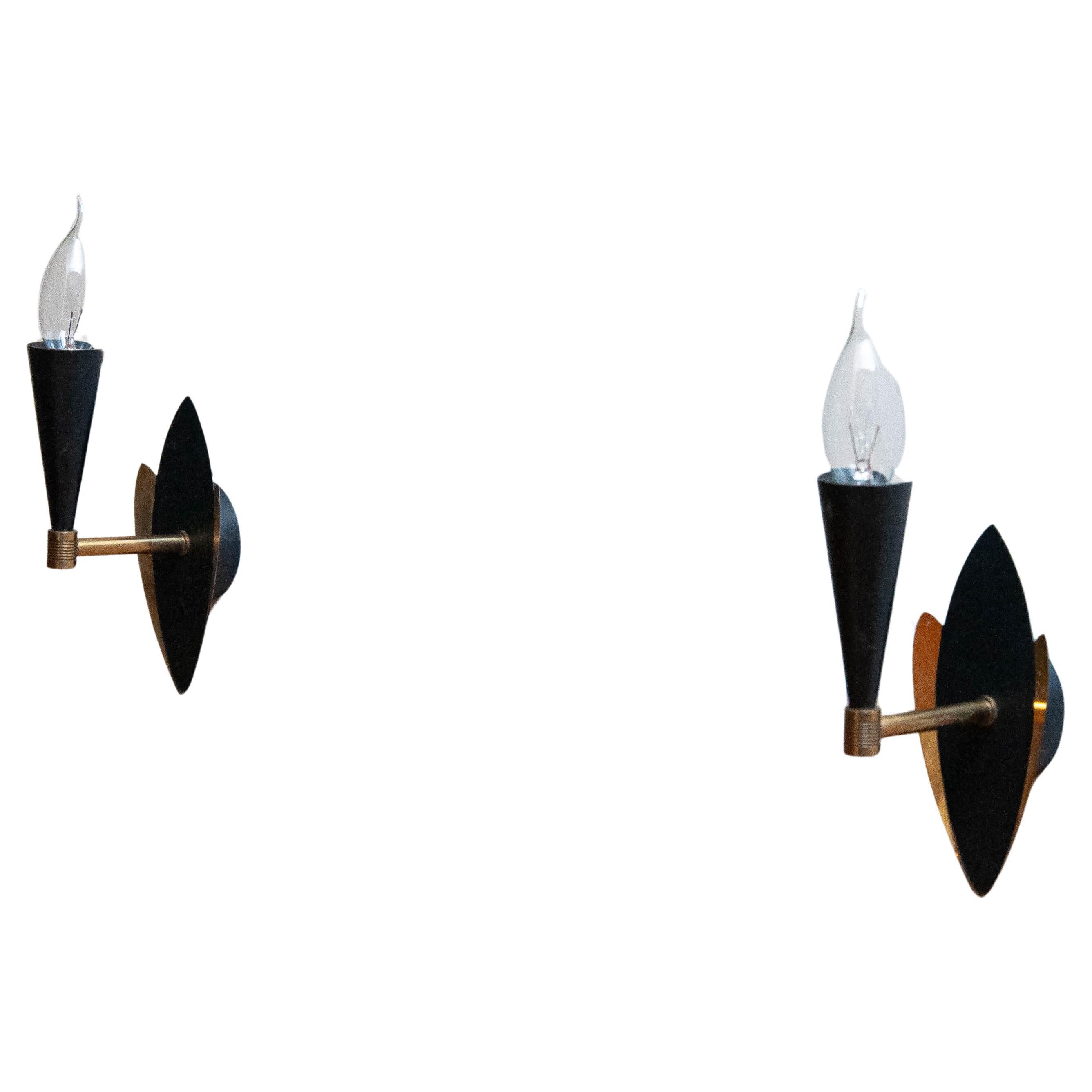 1950s Pair Swedish Black And Brass Designer Wall Light Sconces. For Sale