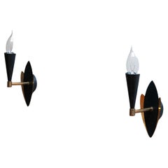 1950s Pair Swedish Black And Brass Designer Wall Light Sconces.