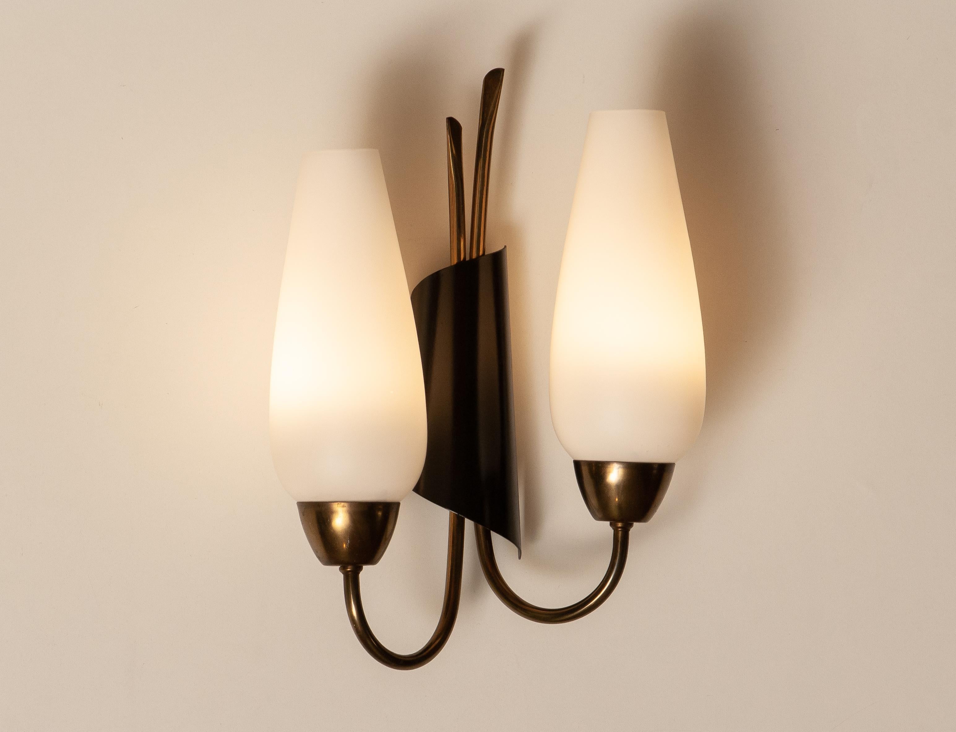 Mid-Century Modern 1950's Pair Switchable Italian Modernist Wall Lights in Brass, Metal and Opal