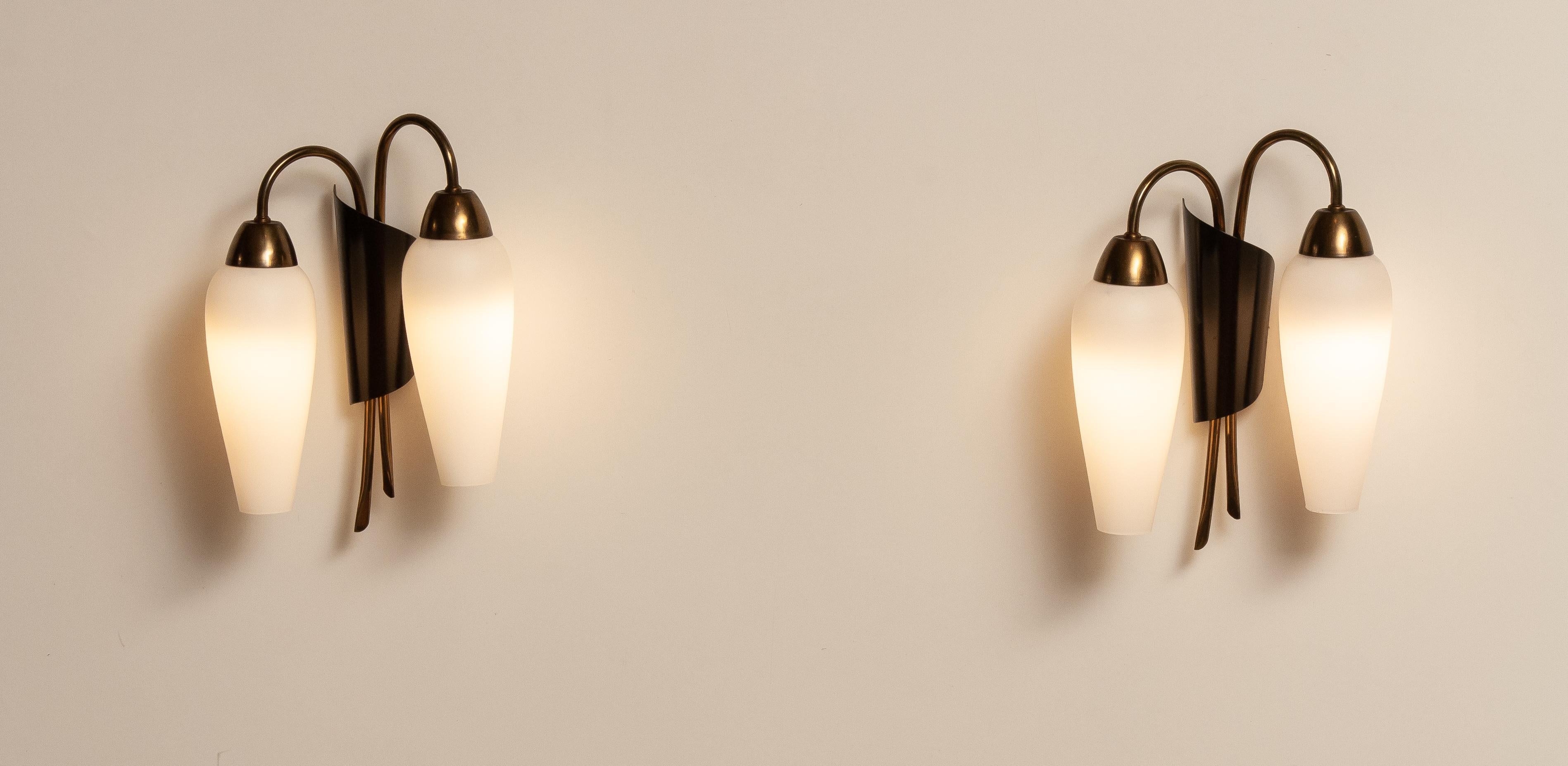 Mid-20th Century 1950's Pair Switchable Italian Modernist Wall Lights in Brass, Metal and Opal