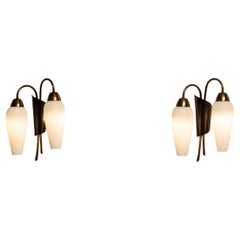 1950s Pair of Switchable Italian Modernist Wall Lights in Brass, Metal and Opal