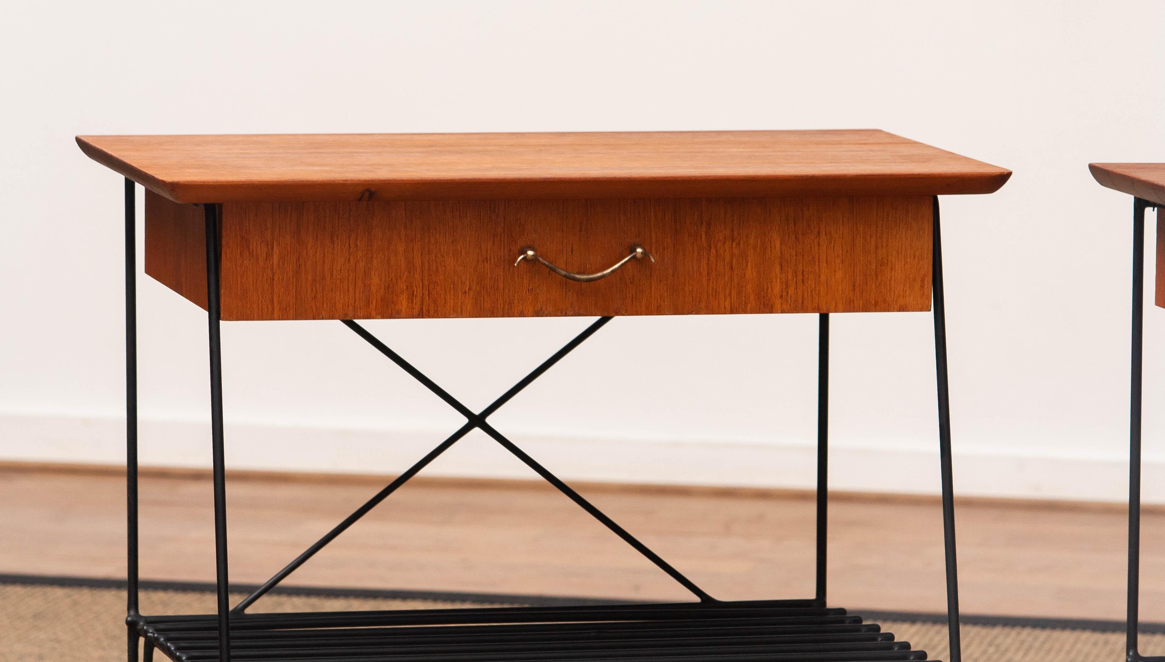 1950s, Pair Teak and Metal Wire Gullberg Style Nightstands Bedside Tables For Sale 4