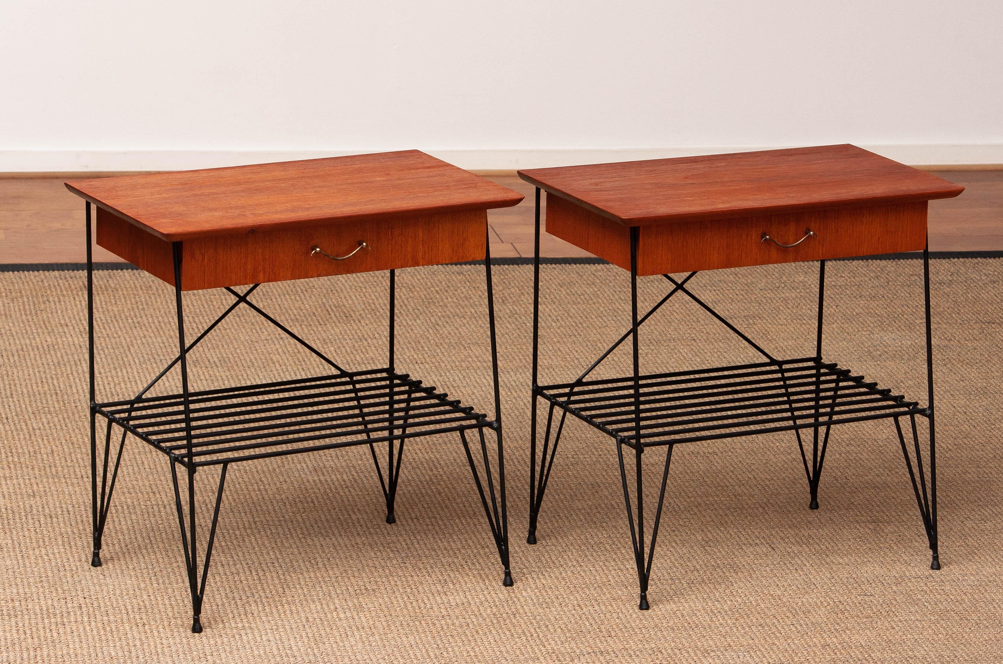 Mid-Century Modern 1950s, Pair Teak and Metal Wire Gullberg Style Nightstands Bedside Tables For Sale