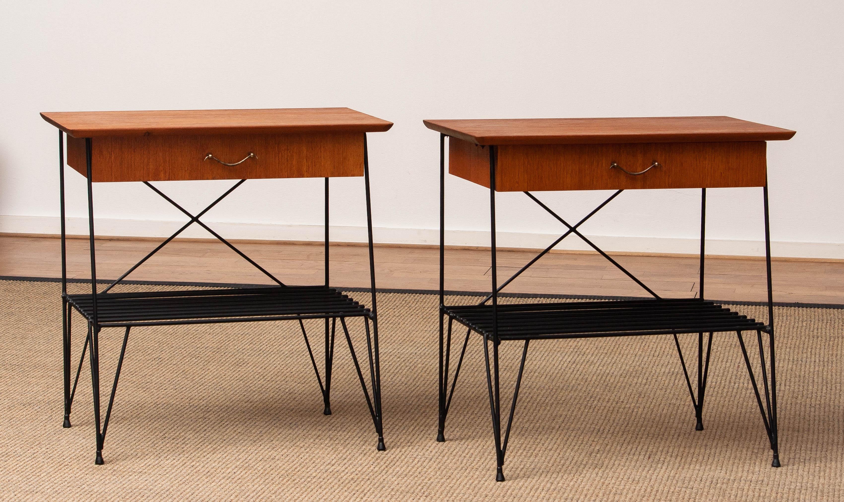 Mid-20th Century 1950s, Pair Teak and Metal Wire Gullberg Style Nightstands Bedside Tables For Sale