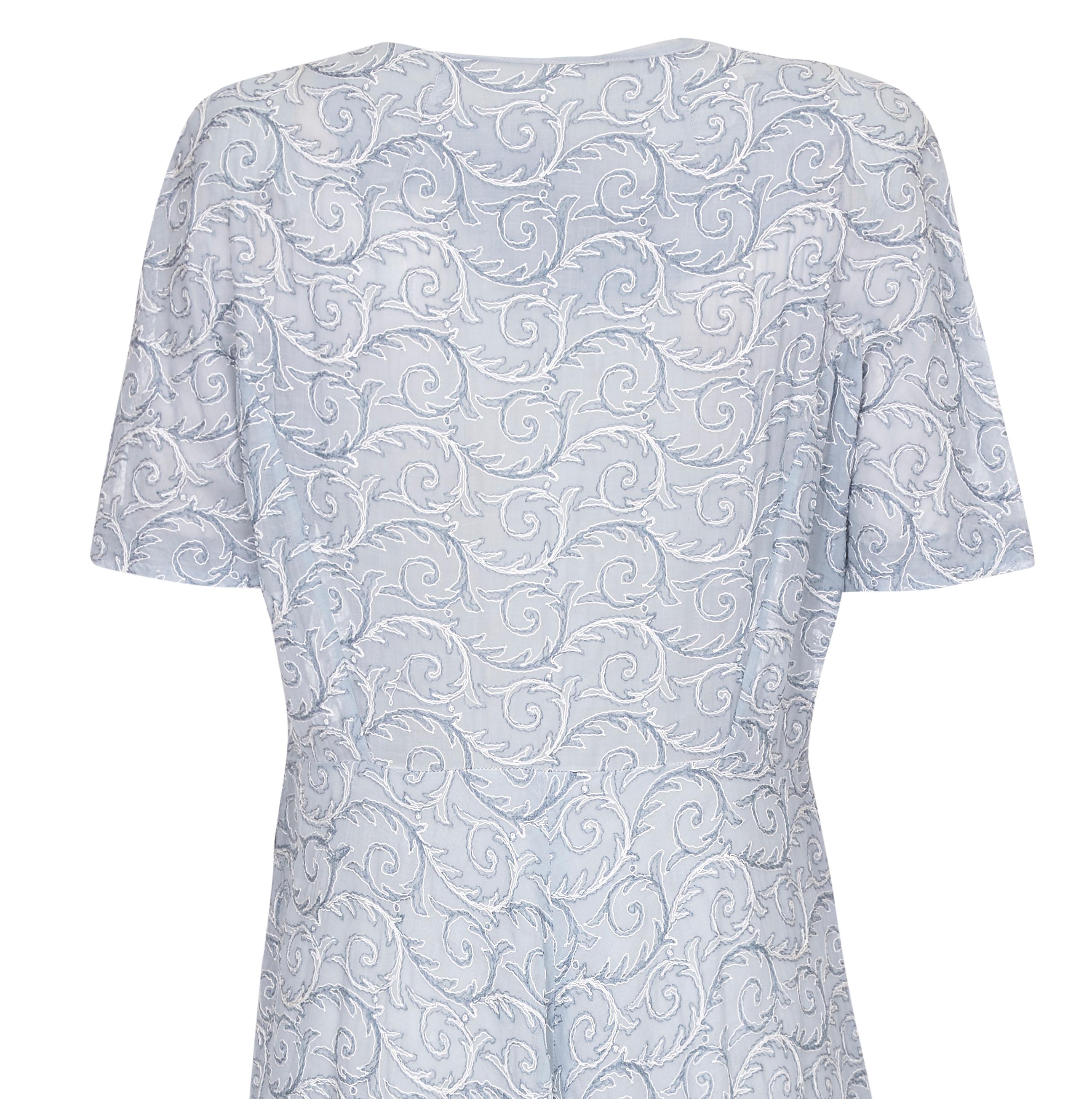 Gray 1950s Pale Blue Embroidered Cotton Dress  For Sale