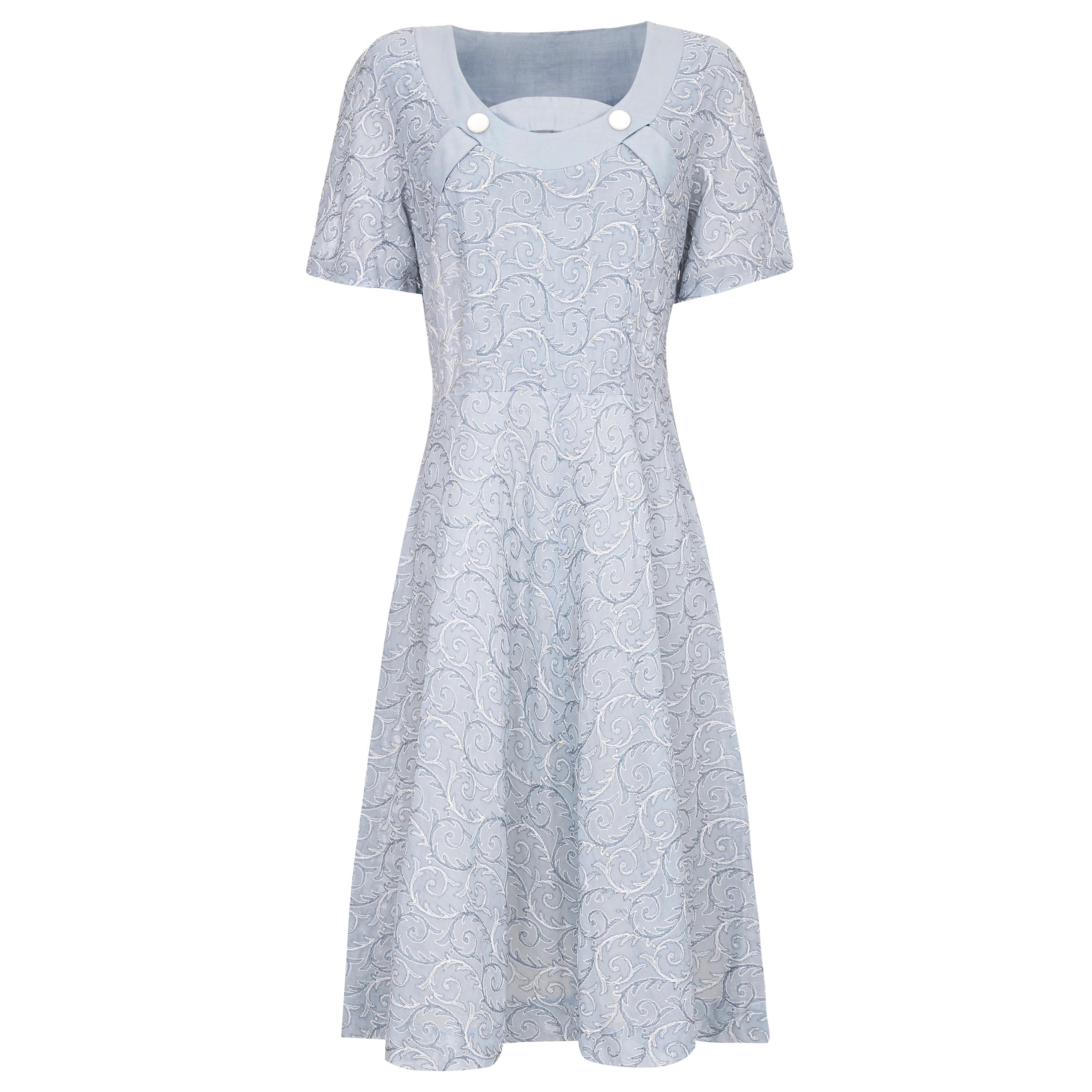 1950s Pale Blue Embroidered Cotton Dress  For Sale