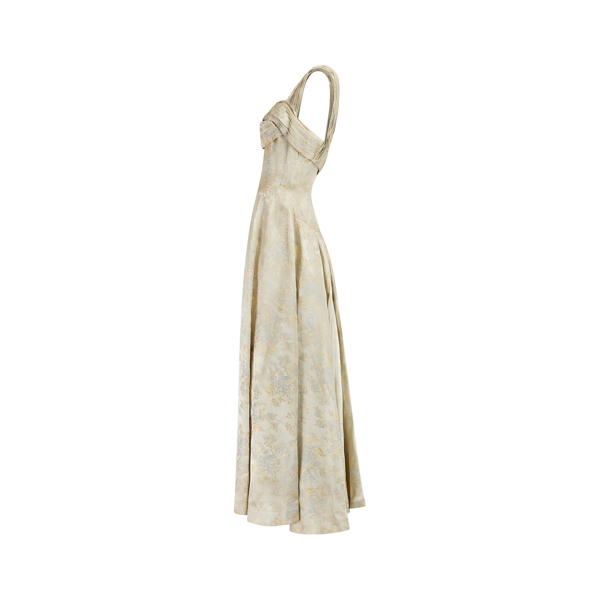 1950s Pale Gold and Blue Brocade Ball Gown Dress In Good Condition In London, GB
