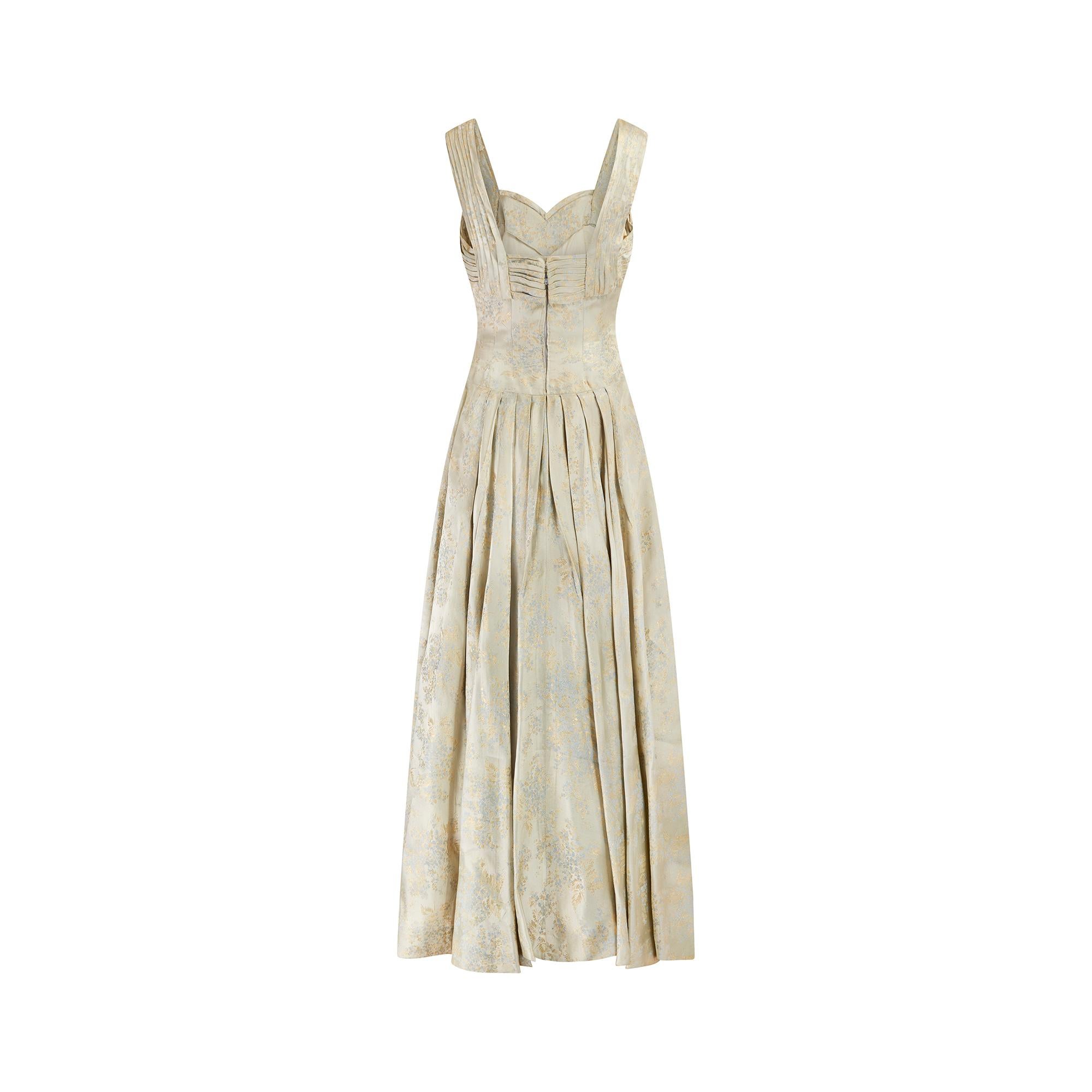 Women's 1950s Pale Gold and Blue Brocade Ball Gown Dress