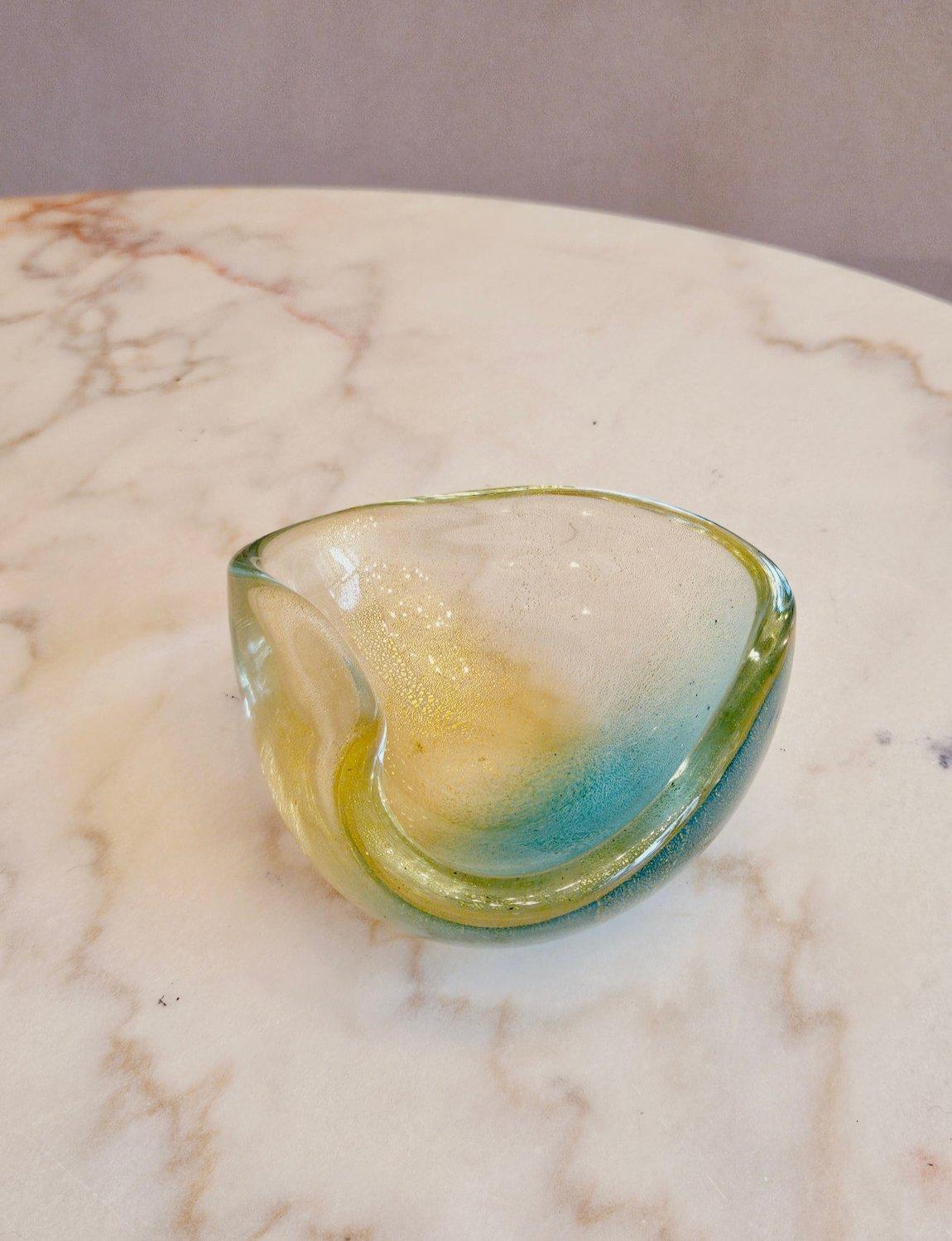 Italian 1950s Pale Gold & Green Murano Glass Bowl