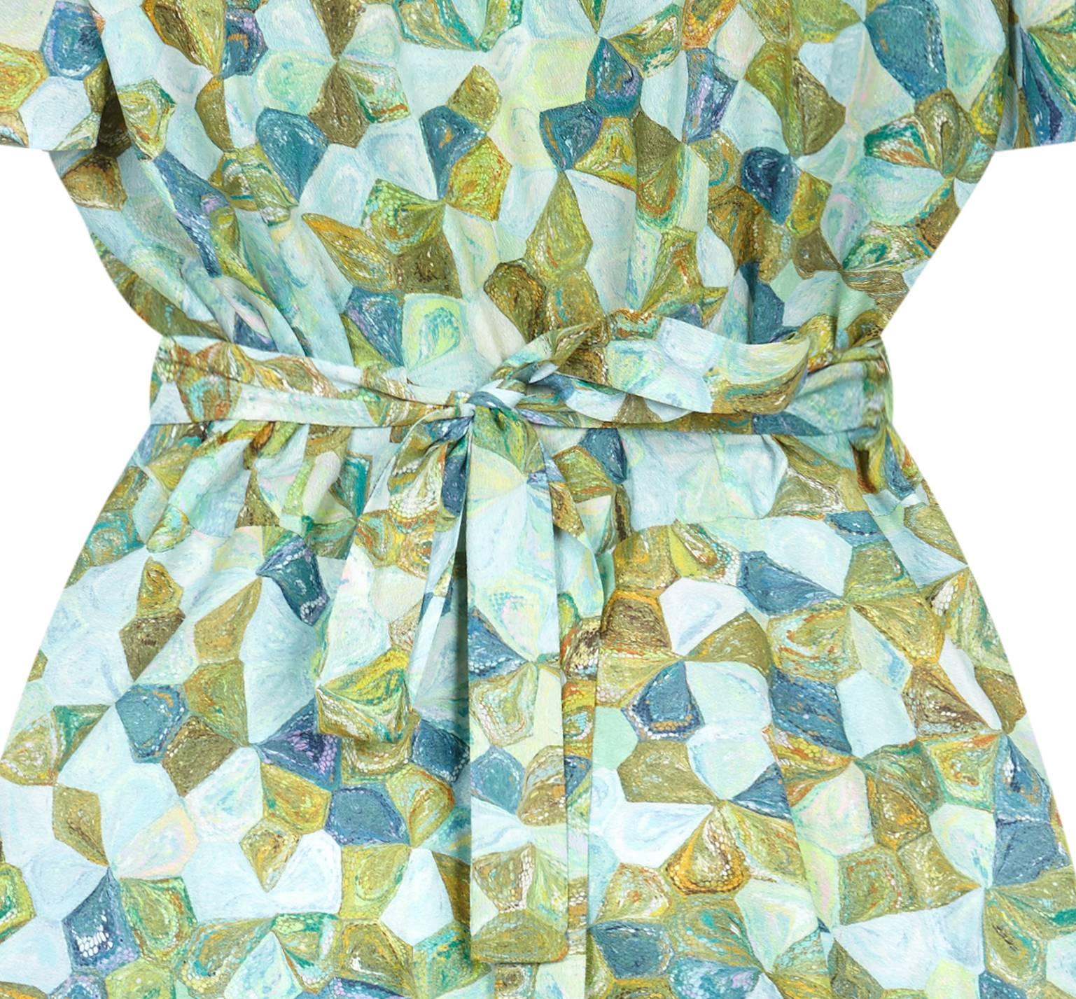 1950s Pale Green Abstract Novelty Patterned Dress (Robe à motifs abstraits) Excellent état - En vente à London, GB