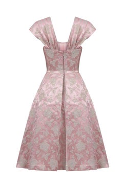 1950s Pale Pink and Gold Brocade Rose Print Couture Dress With Bow