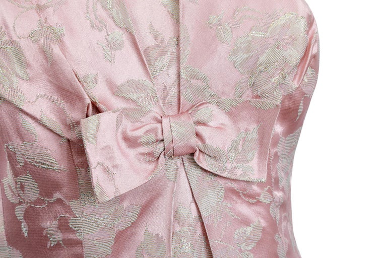 1950s Pale Pink And Gold Brocade Rose Print Couture Dress With Bow 1950s Pale Pink And Gold Brocade Rose Print Couture Dress With Bow