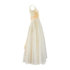 1950s Pale Yellow Organza Dress with Crisscross Ribbon Bodice