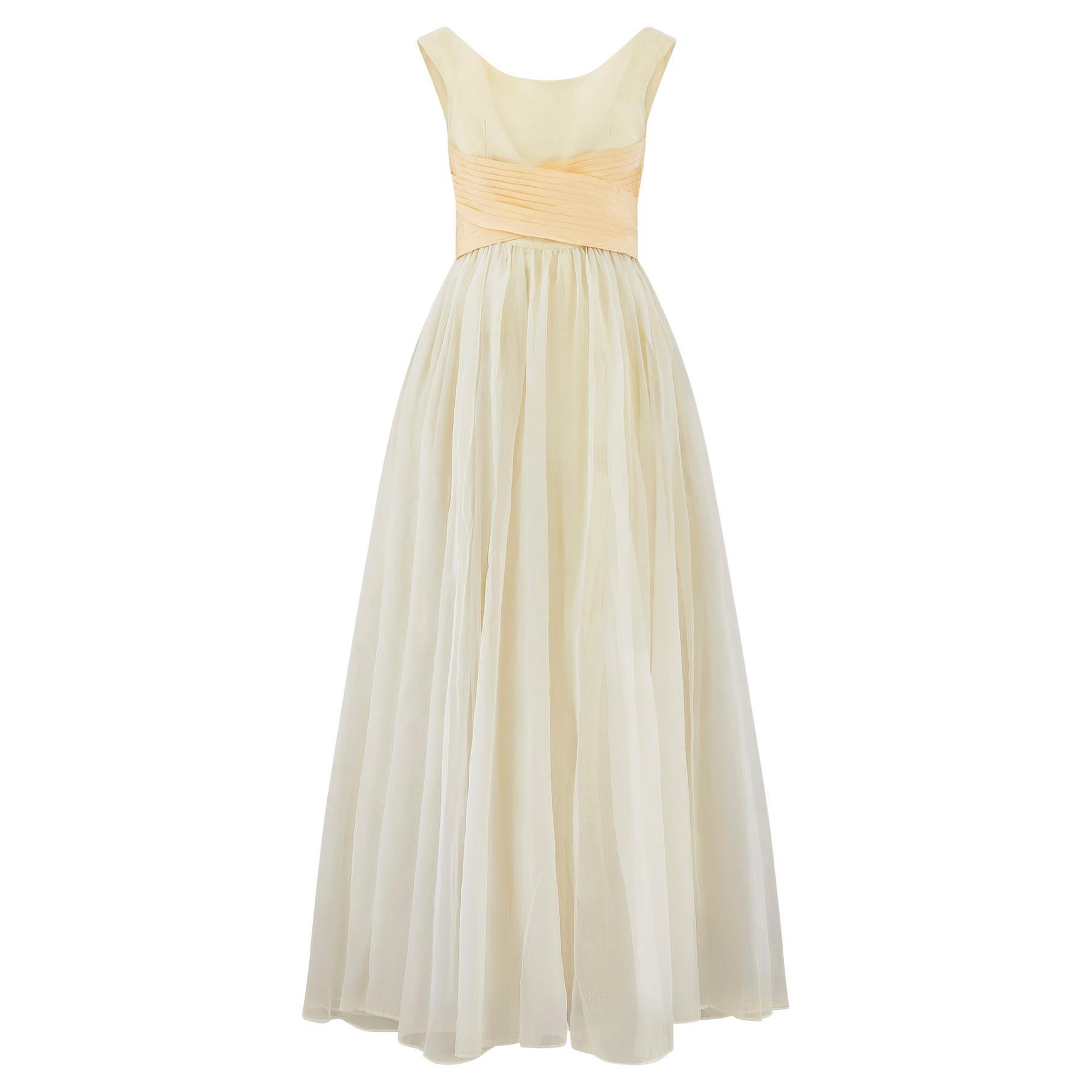 1950s Pale Yellow Organza Dress with Crisscross Ribbon Bodice