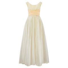 1950s Pale Yellow Organza Dress with Crisscross Ribbon Bodice