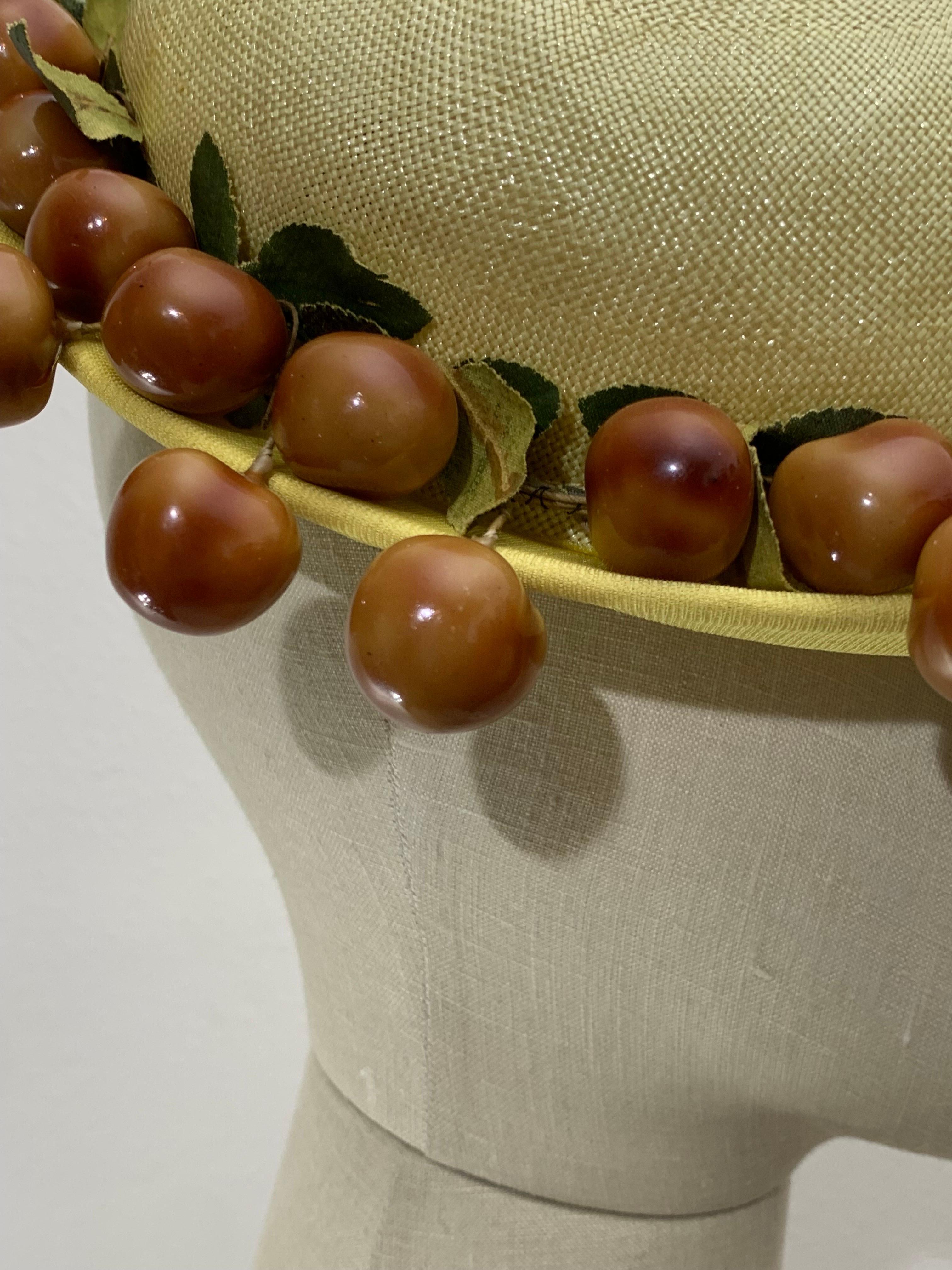 Brown 1950s Pale Yellow Straw Boater Hat w/ Olive Green Bow & Glossy Cherries At Brim For Sale