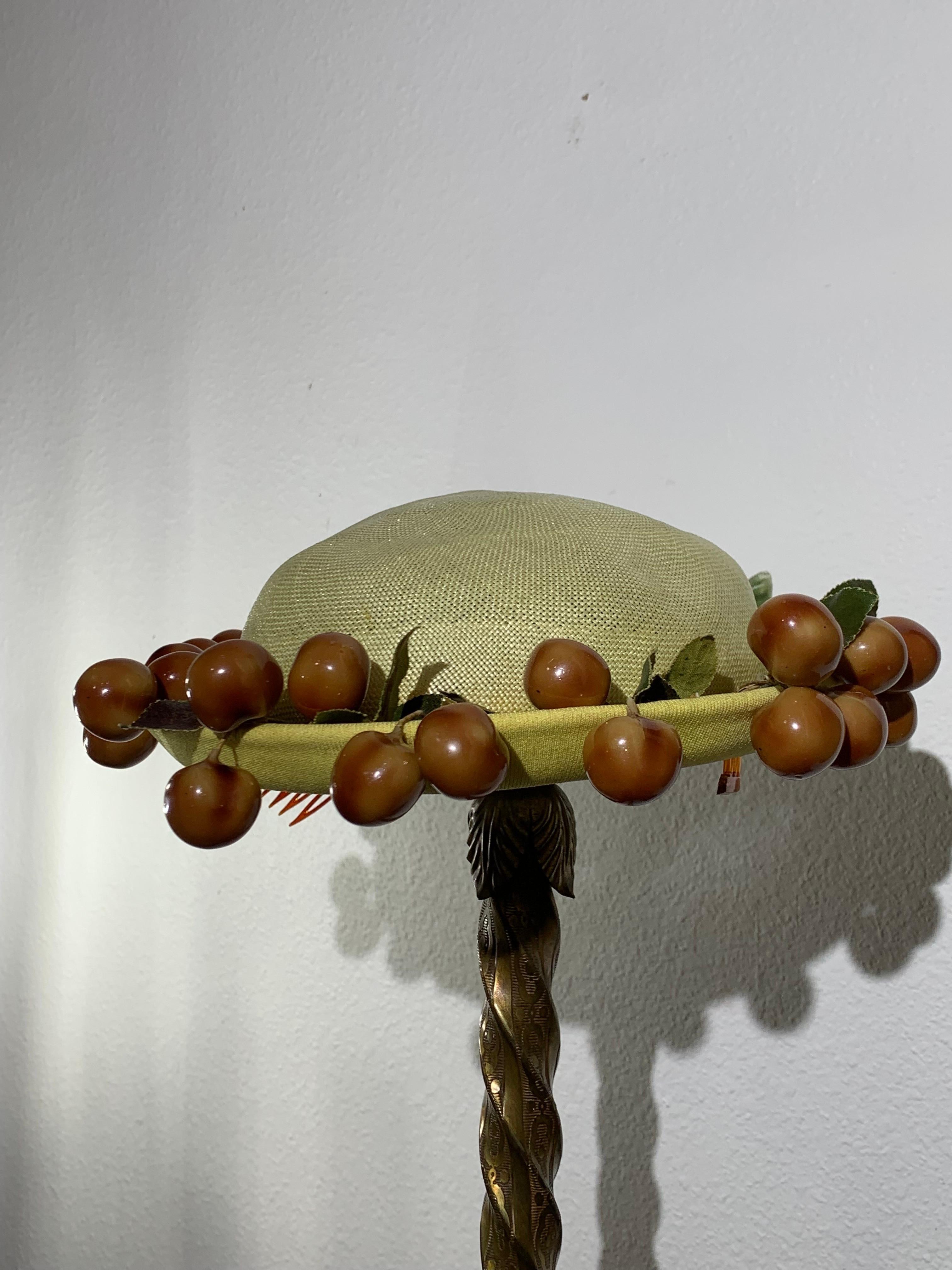 1950s Pale Yellow Straw Boater Hat w/ Olive Green Bow & Glossy Cherries At Brim For Sale 1