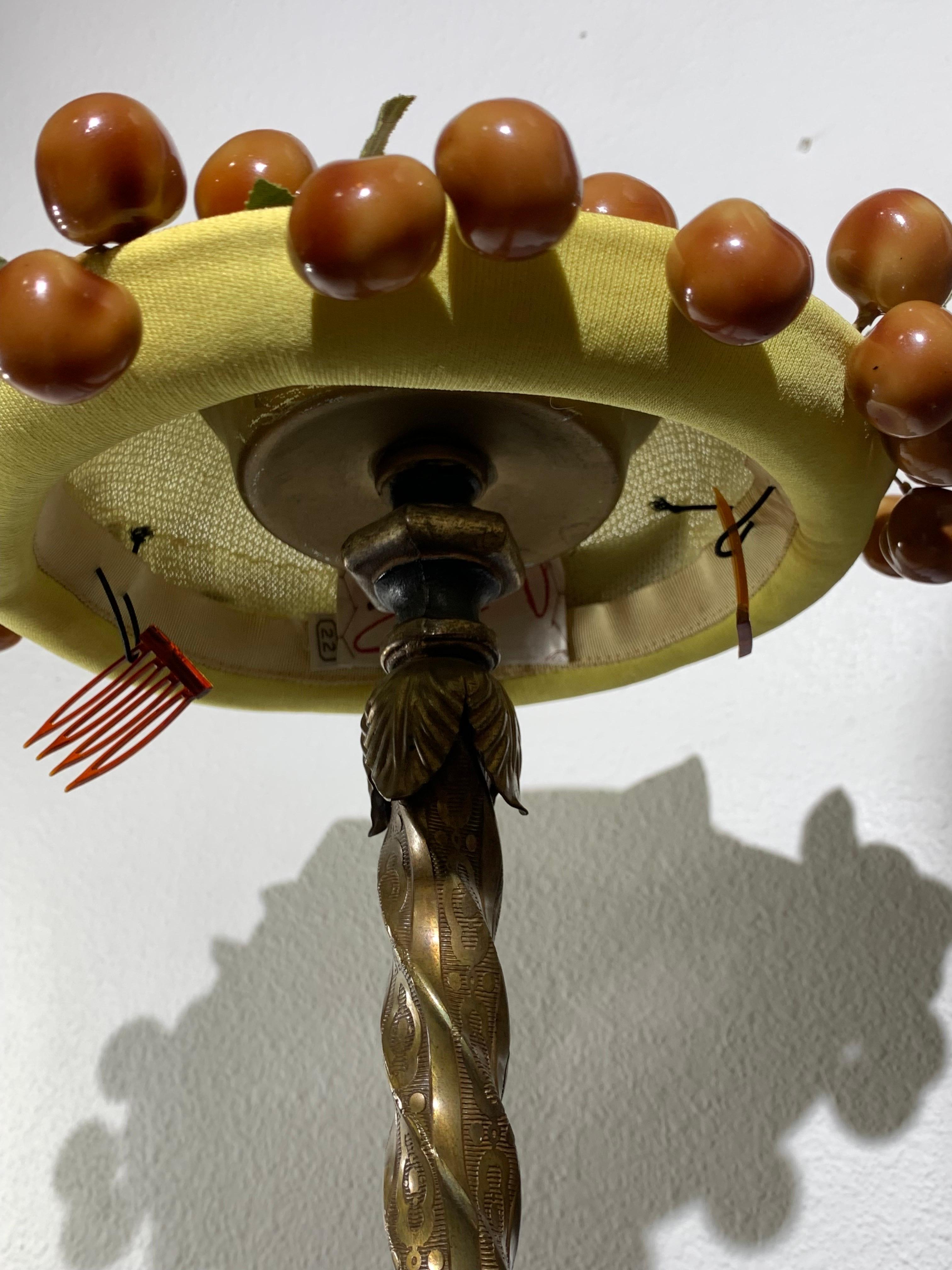 1950s Pale Yellow Straw Boater Hat w/ Olive Green Bow & Glossy Cherries At Brim For Sale 2