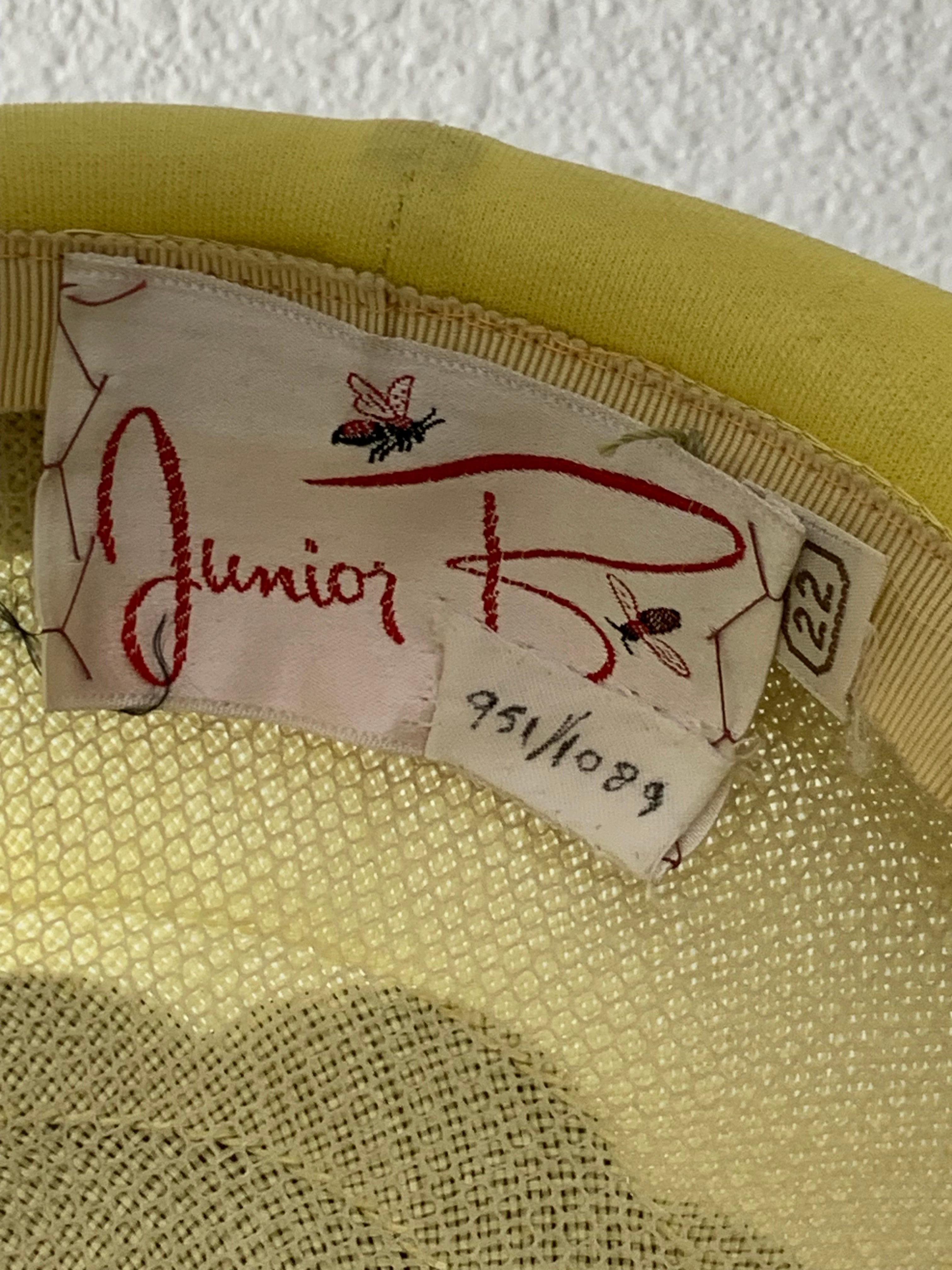 1950s Pale Yellow Straw Boater Hat w/ Olive Green Bow & Glossy Cherries At Brim For Sale 3