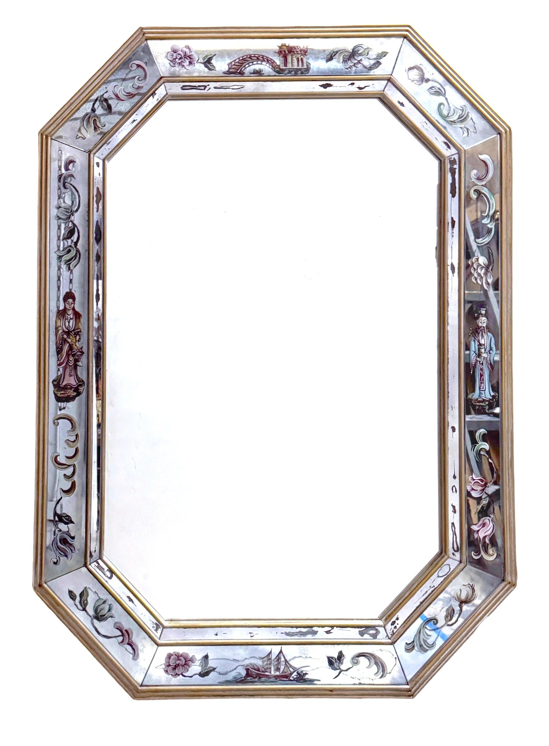 1950er Palm Beach Eglomise Chinoiserie-Spiegel

Dieser exquisite Palm Beach Eglomise Chinoiserie-Spiegel ist ein Zeugnis des italienischen Hollywood Regency-Designs, das für den amerikanischen Markt maßgeschneidert wurde. Seine verführerische
