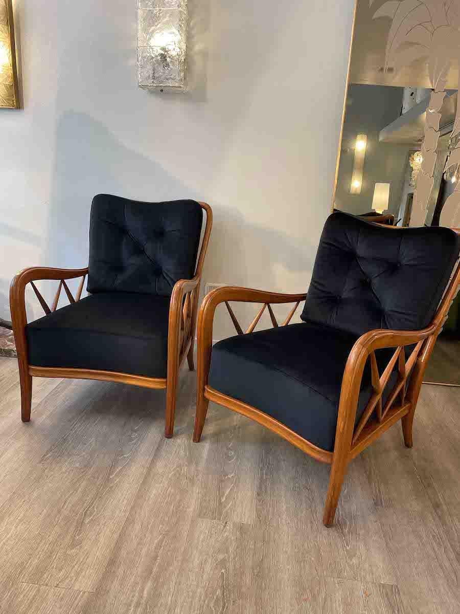 1950s Paolo Buffa Cherry Wood and Black Velvet Armchairs  6