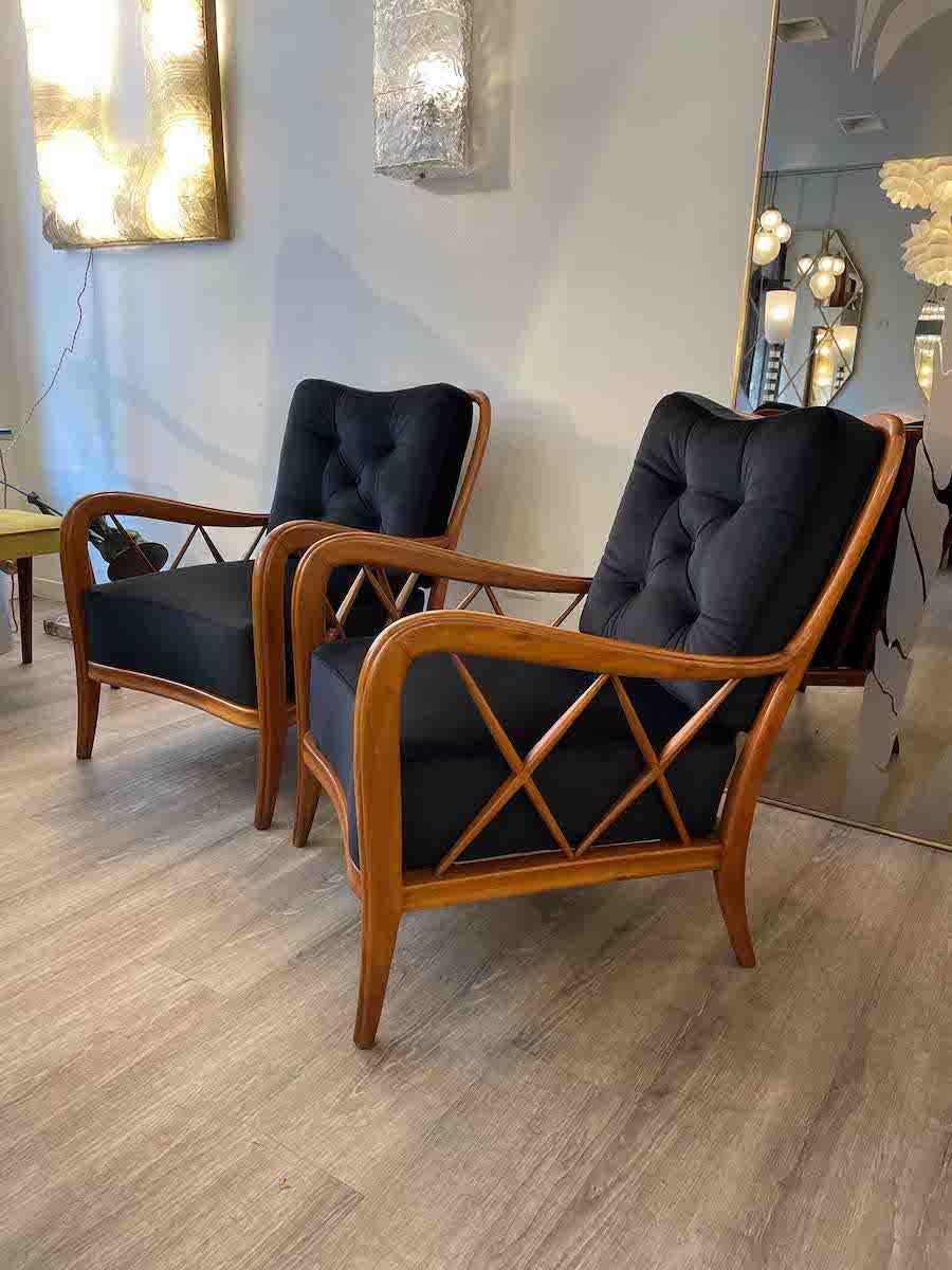1950s Paolo Buffa Cherry Wood and Black Velvet Armchairs  7