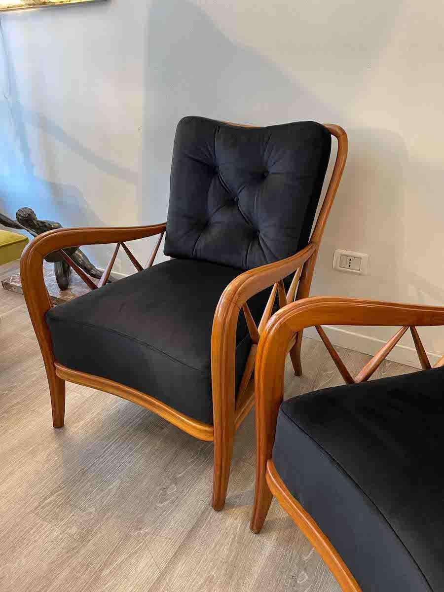 1950s Paolo Buffa Cherry Wood and Black Velvet Armchairs  8