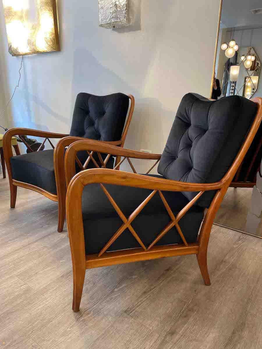 1950s Paolo Buffa Cherry Wood and Black Velvet Armchairs  9