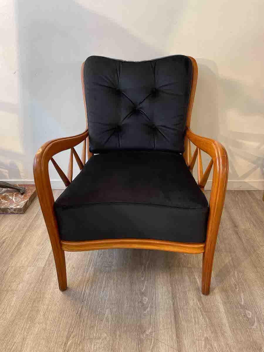 Italian 1950s Paolo Buffa Cherry Wood and Black Velvet Armchairs  For Sale