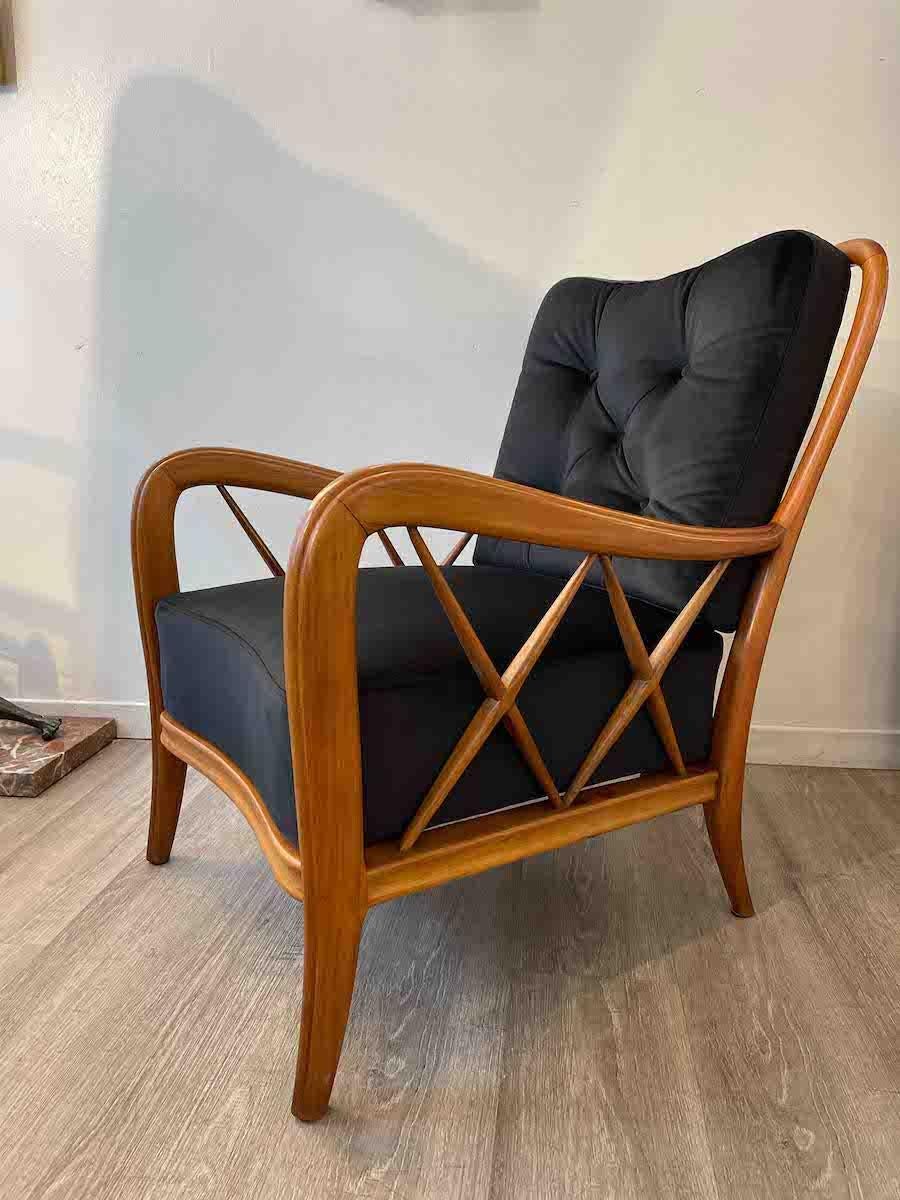Mid-20th Century 1950s Paolo Buffa Cherry Wood and Black Velvet Armchairs  For Sale