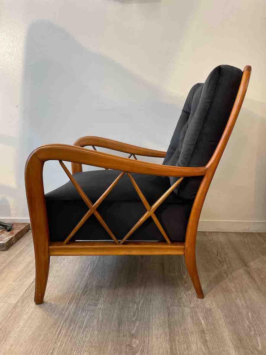 1950s Paolo Buffa Cherry Wood and Black Velvet Armchairs  1