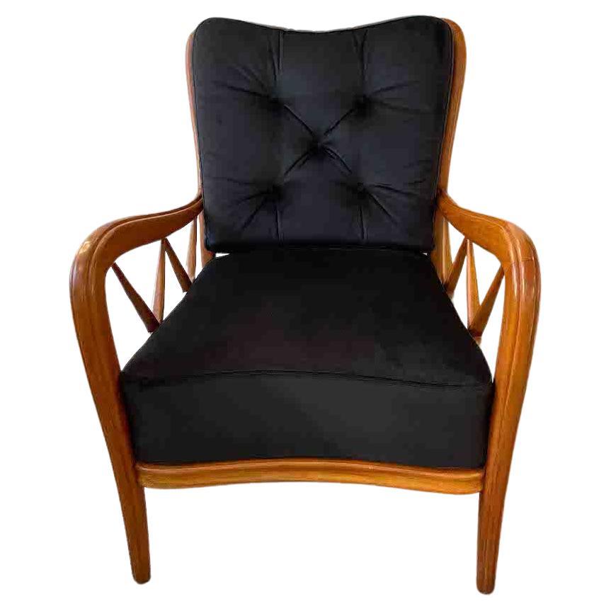 1950s Paolo Buffa Cherry Wood and Black Velvet Armchairs  For Sale