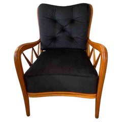 Vintage 1950s Paolo Buffa Cherry Wood and Black Velvet Armchairs 