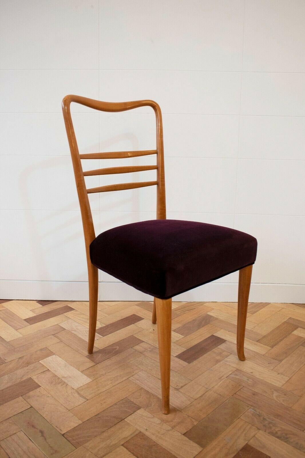 Mid-Century Modern Paolo Buffa, Fruitwood Dining Chairs Upholstered in Purple Velvet, 1950's