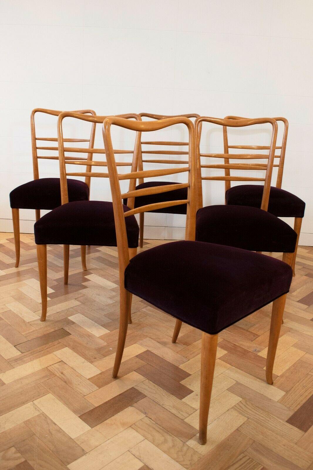 Mid-20th Century Paolo Buffa, Fruitwood Dining Chairs Upholstered in Purple Velvet, 1950's 