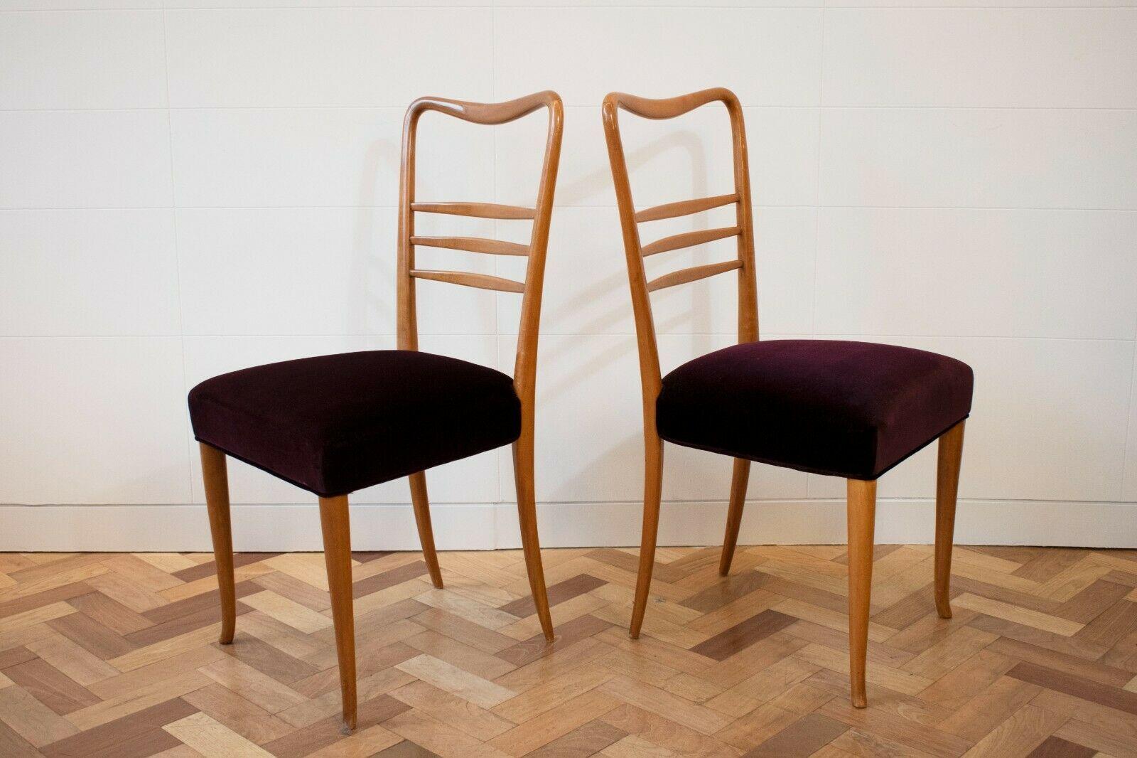 Paolo Buffa, Fruitwood Dining Chairs Upholstered in Purple Velvet, 1950's  1