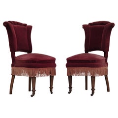 1950s, par of vintage Danish chairs, original condition, red furniture velour.