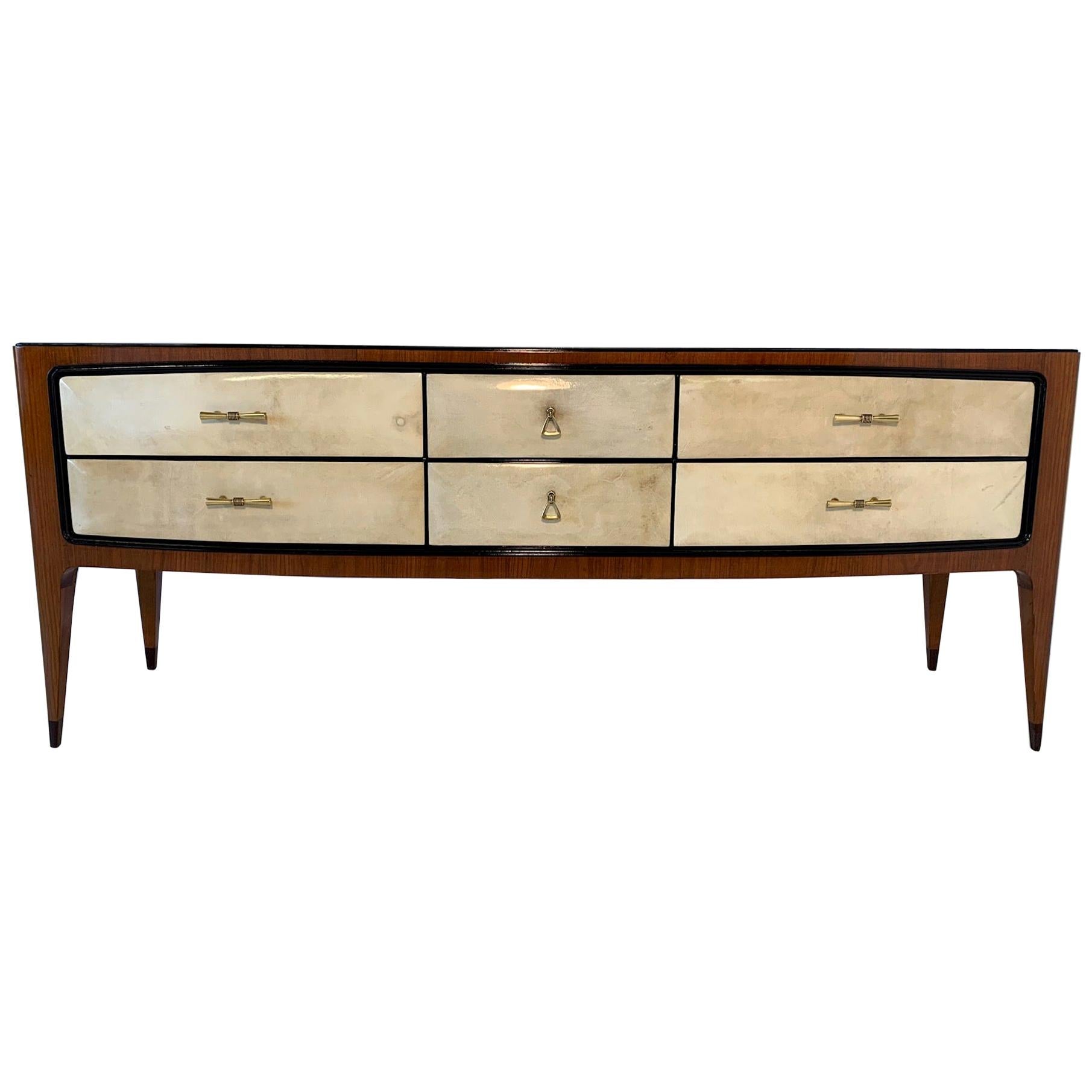  1950s Parchment and Walnut Chest of Drawers in the Style of Paolo Buffa