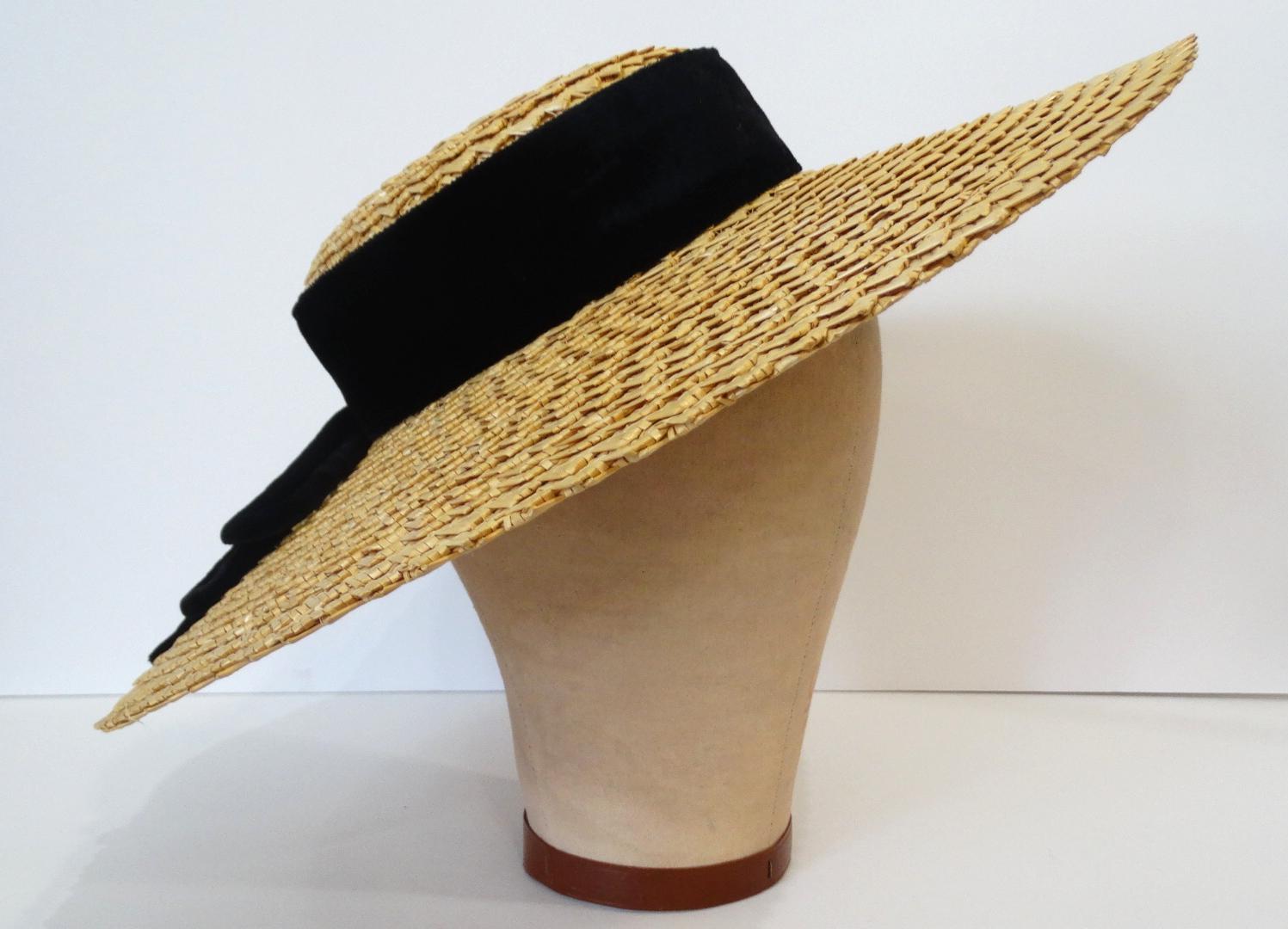 1950s Parisian Straw Wide Brim Boater Hat  In Excellent Condition In Scottsdale, AZ