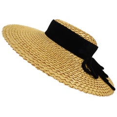 Vintage 1950s Parisian Straw Wide Brim Boater Hat