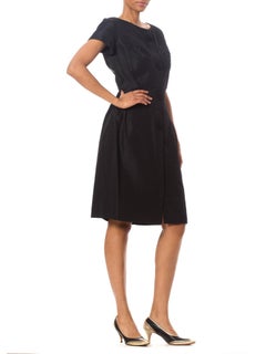 1950S PARNES FEINSTEIN Black Silk Faille Short Sleeve Fitted LBD Dress
