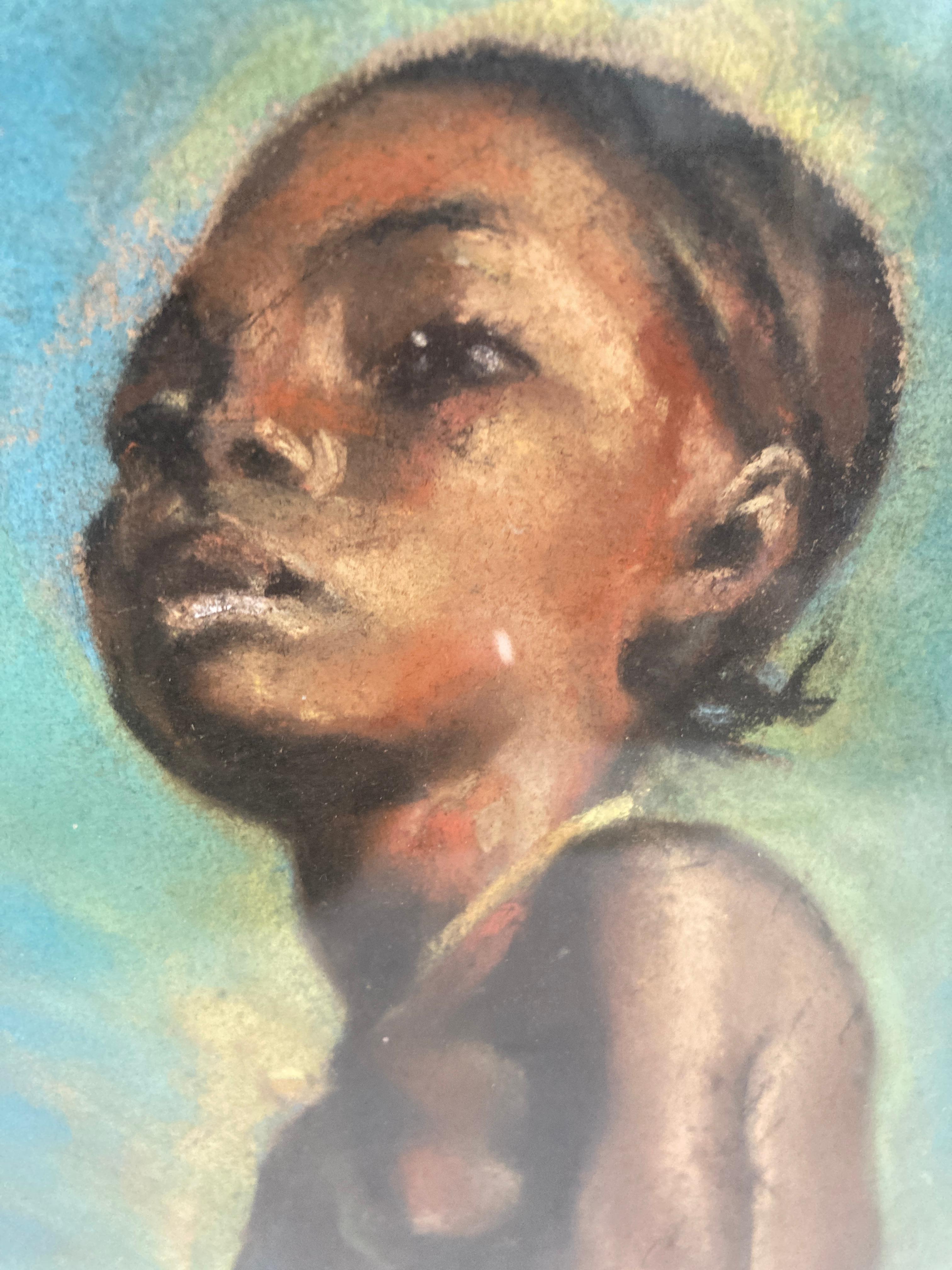 1950's pastel drawing showing a young African woman In Good Condition For Sale In Bois-Colombes, FR