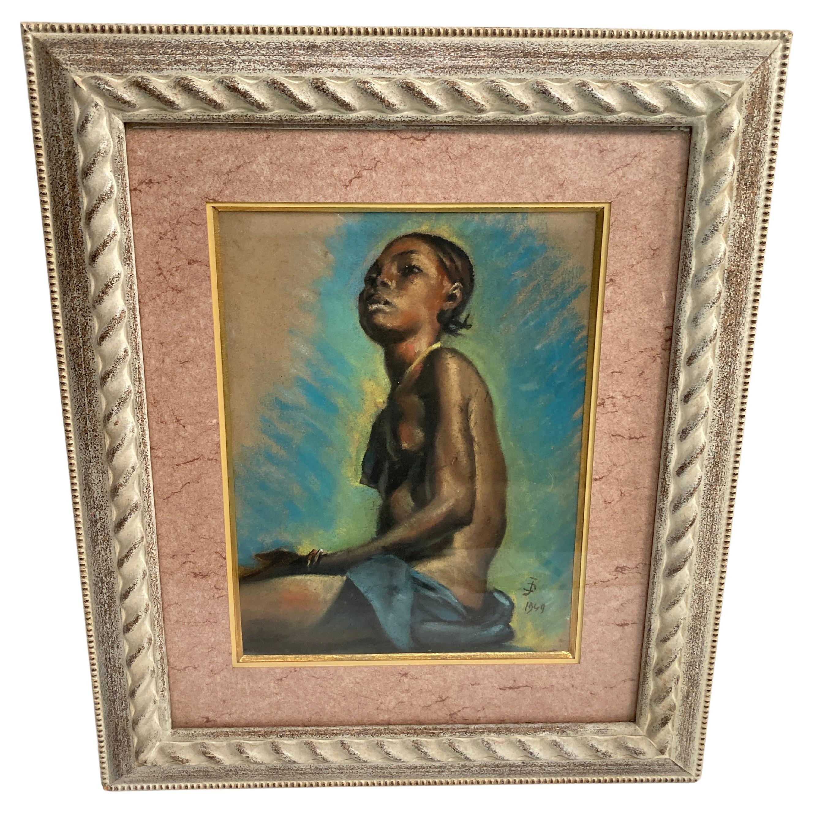 dessin au pastel des années 1950 représentant une jeune femme africaine