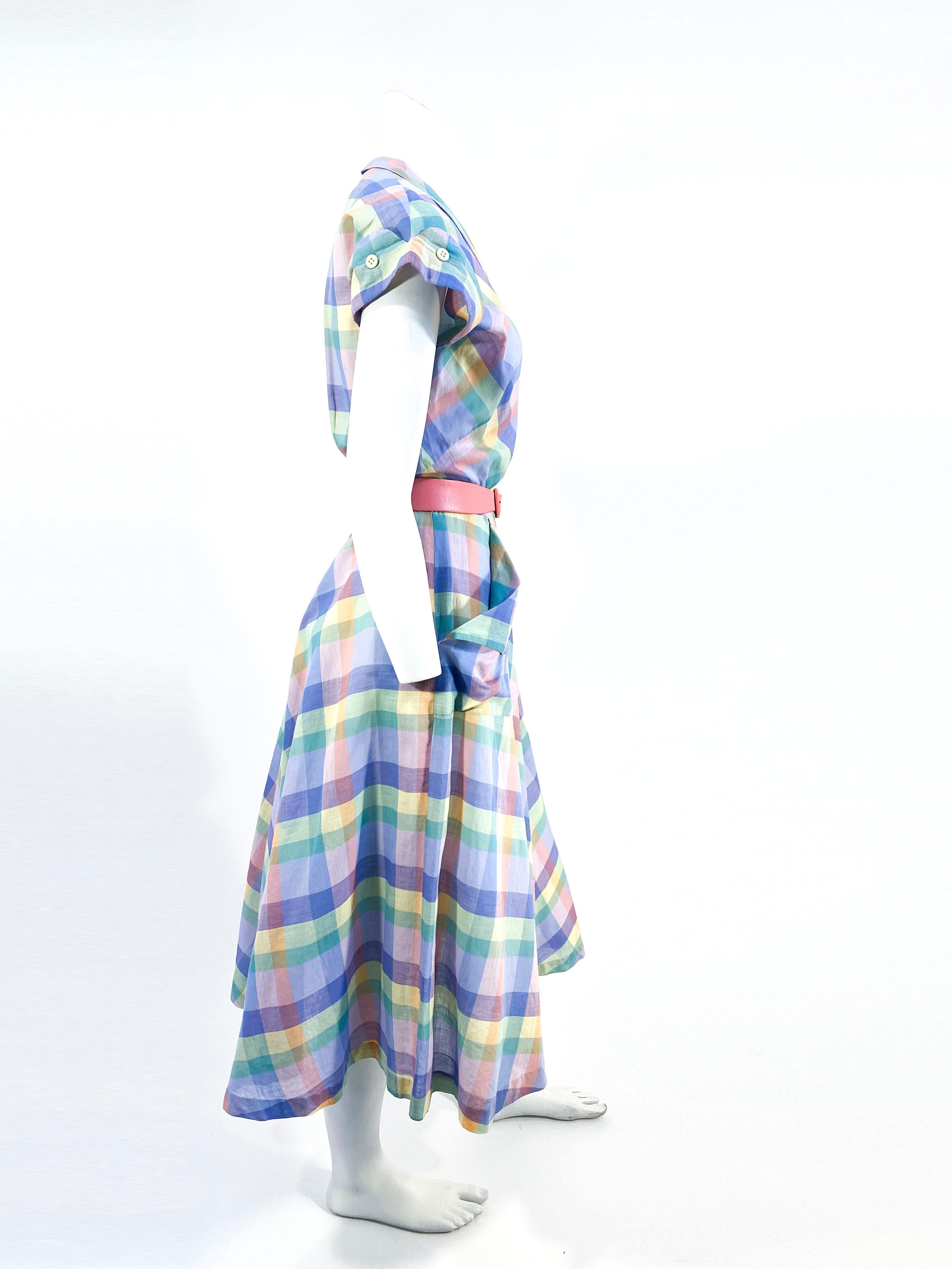 Gray 1950s Pastel Rainbow Plaid Cotton Day Dress