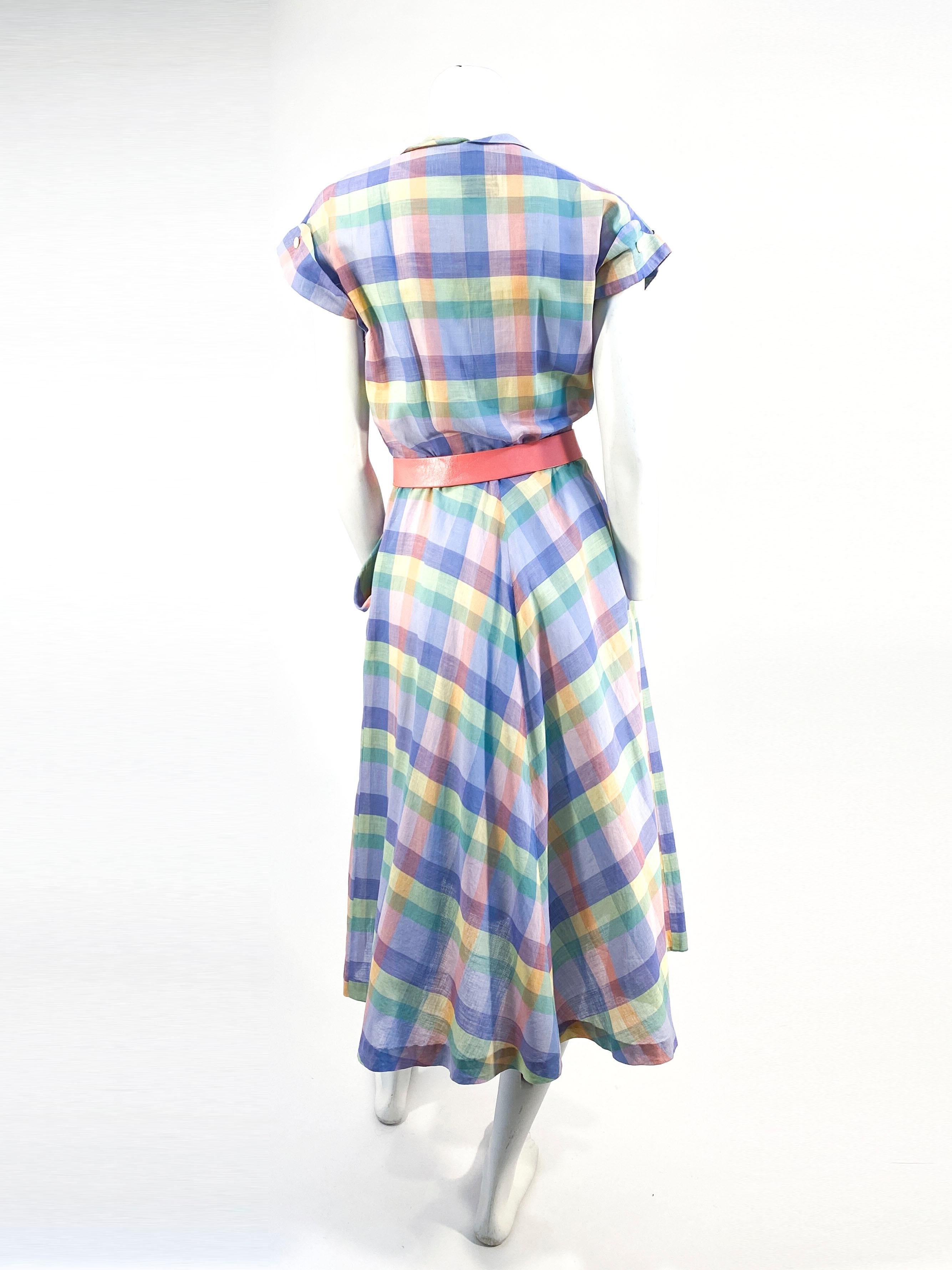 1950s Pastel Rainbow Plaid Cotton Day Dress In Excellent Condition In San Francisco, CA