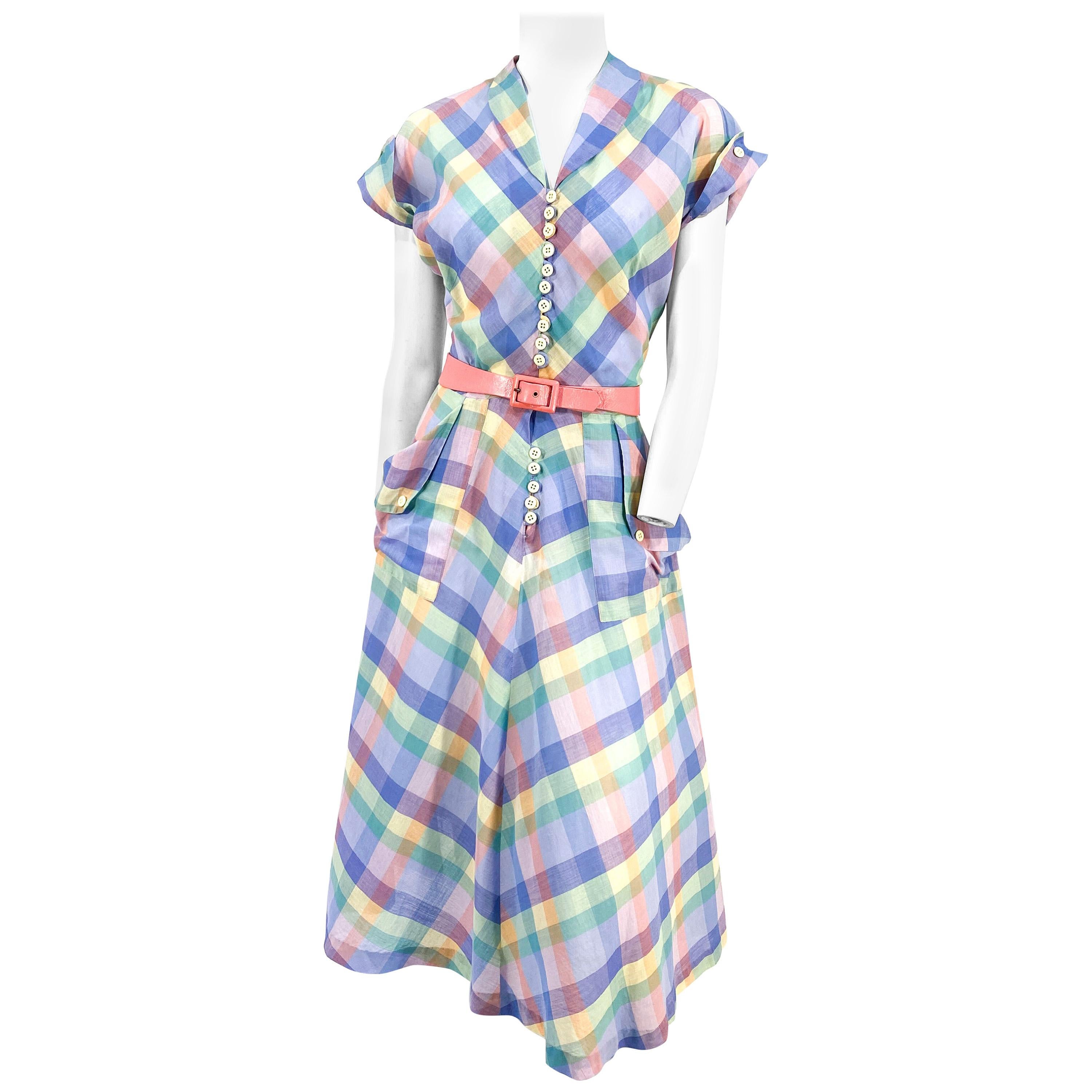 1950s Pastel Rainbow Plaid Cotton Day Dress