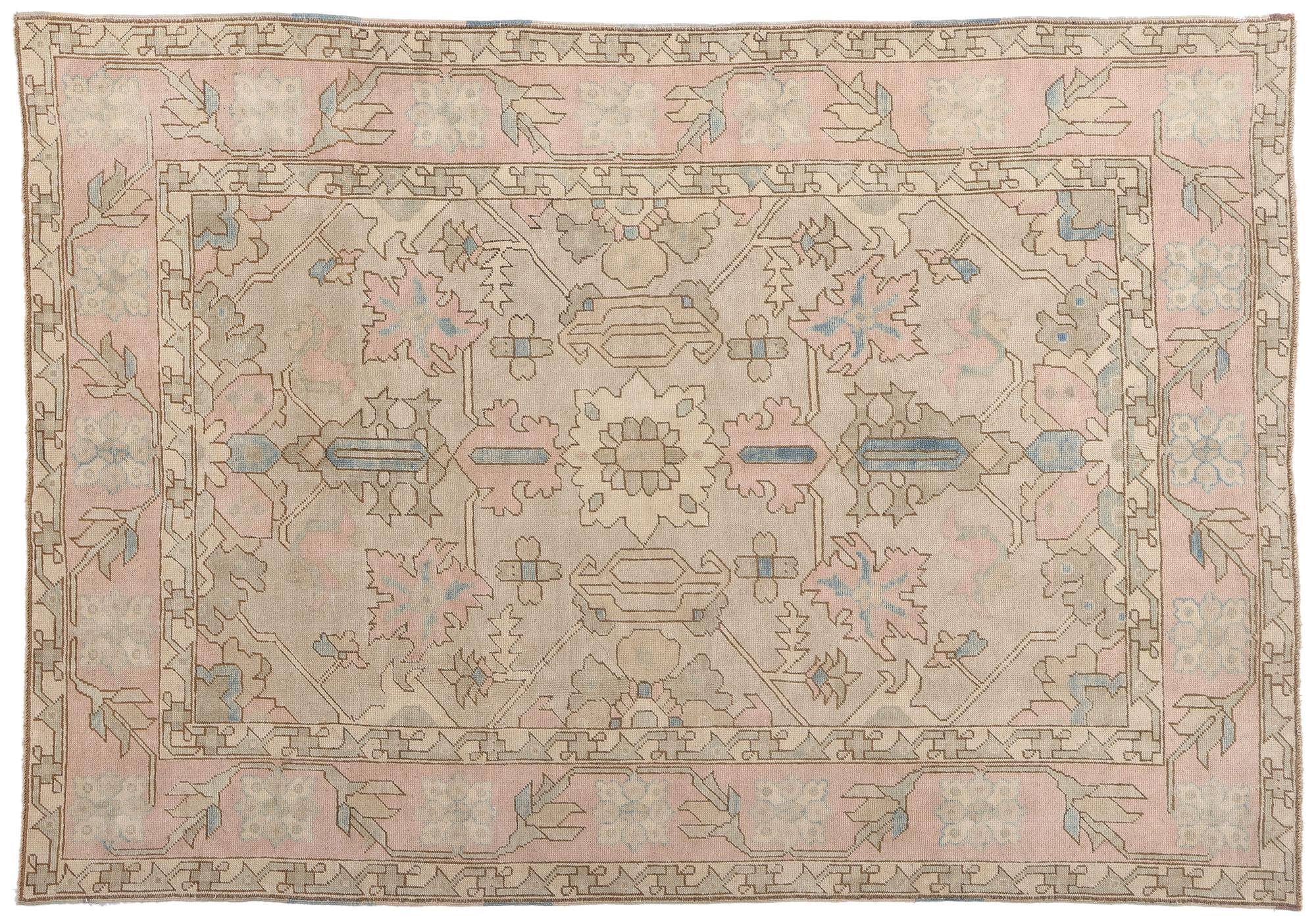53993 Vintage Pastel Turkish Oushak Rug, 06'03 x 08'10. Like the whispered memory of a dream half-remembered at dawn, this one-of-a-kind hand knotted wool vintage Turkish Oushak rug unfolds in a delicate symphony of muted elegance. The composition